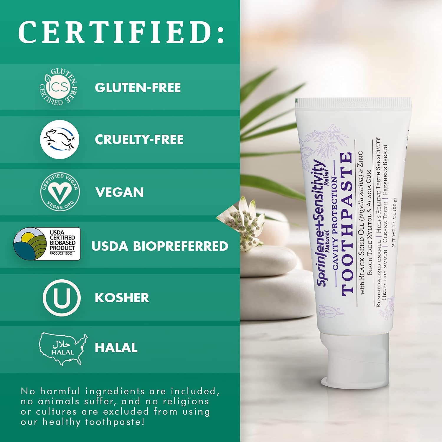 SprinJene Natural Sensitivity Relief Toothpaste – Fluoride for Sensitive Teeth – USA Made (2 Pack)