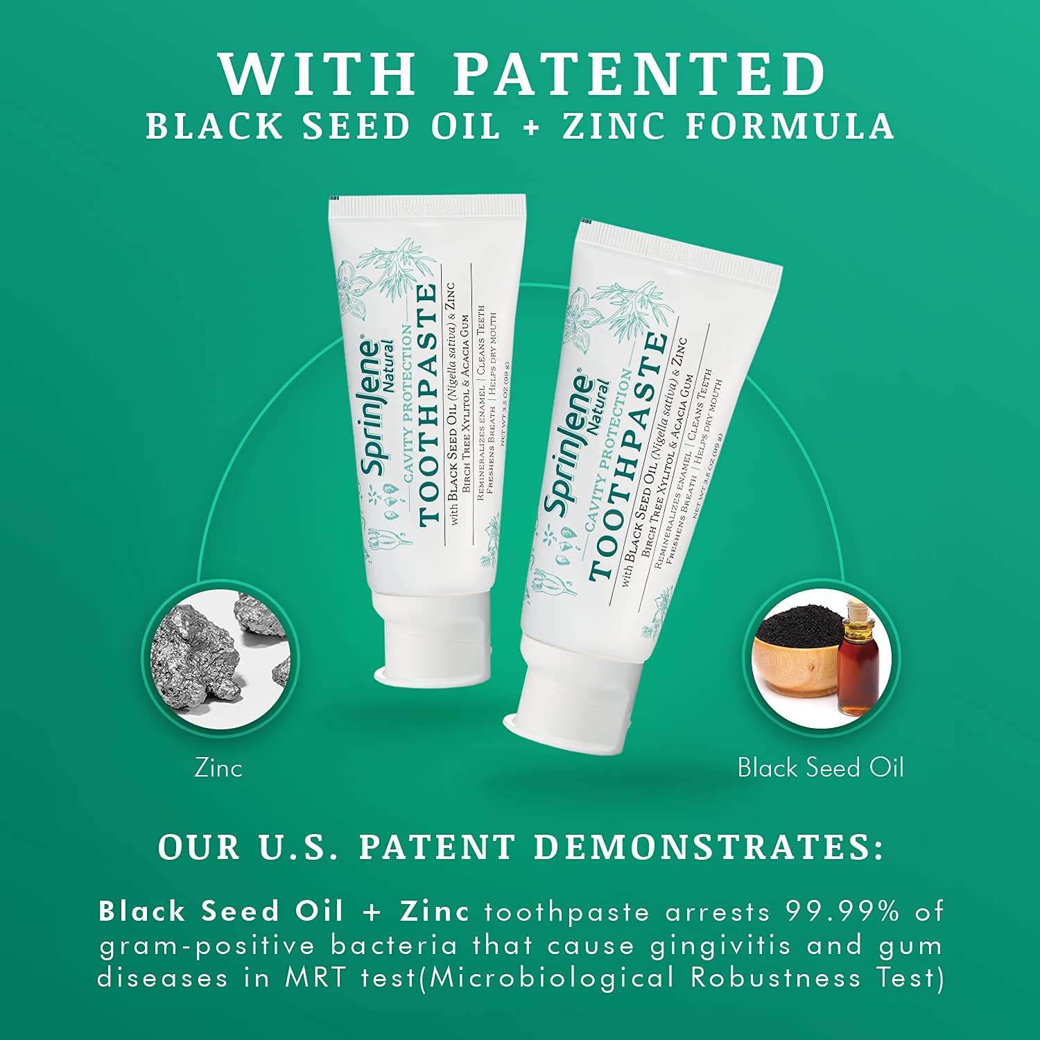 SprinJene Natural Fluoride Toothpaste – Natural Toothpaste for Gum Health & Cavity Protection – Patented Black Seed Oil & Zinc Formula for Healthy Teeth & Gums – Made in The USA (4 Pack)