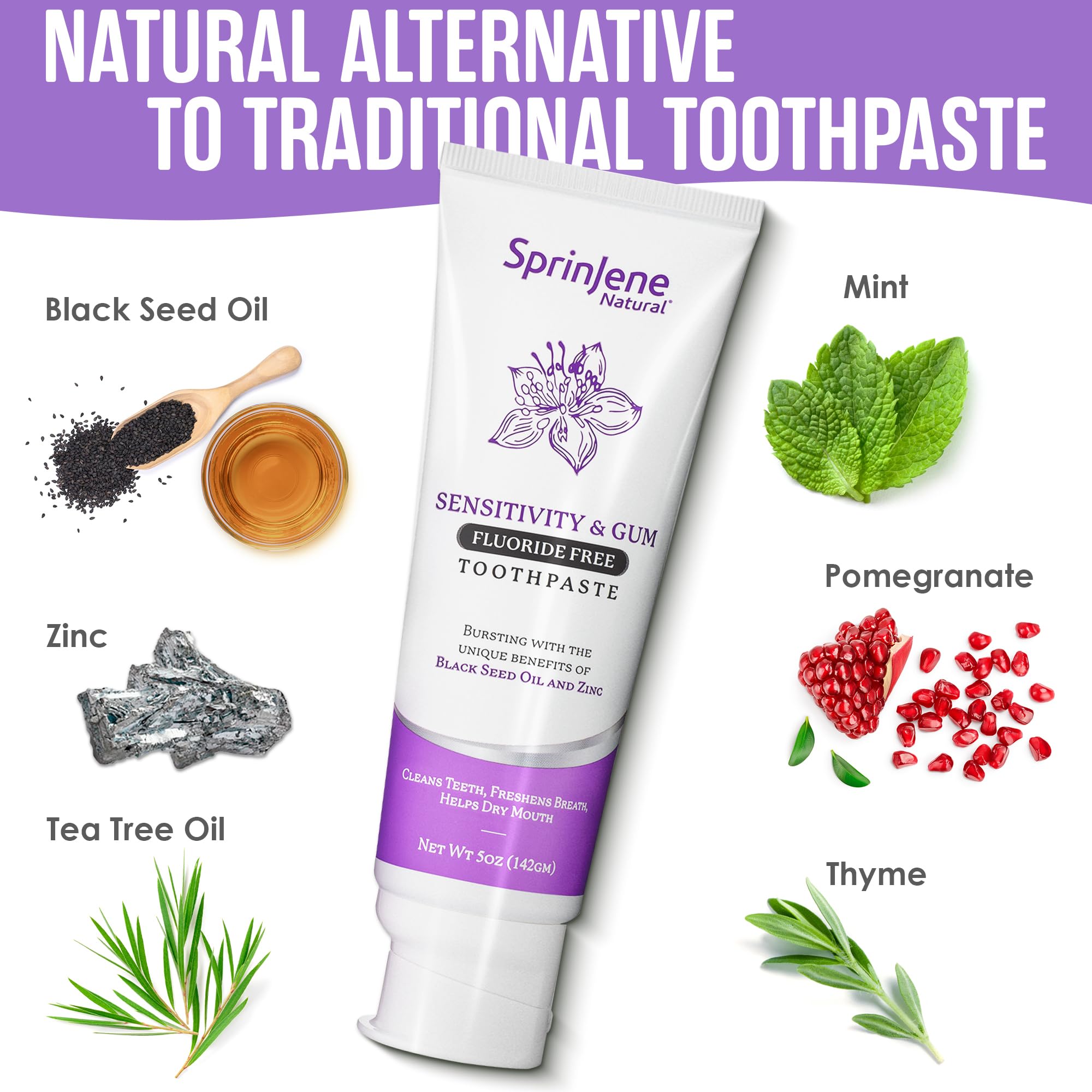 SprinJene Fluoride-Free Toothpaste for Sensitive Teeth & Gums | Black Seed Oil & Zinc | Made in USA