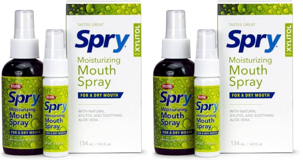 Spry Natural Xylitol Moisturizing Dry Mouth Spray – Stop Bad Breath, Increase Saliva, Non-GMO, Gluten-Free, Spearmint (Pack of 2)