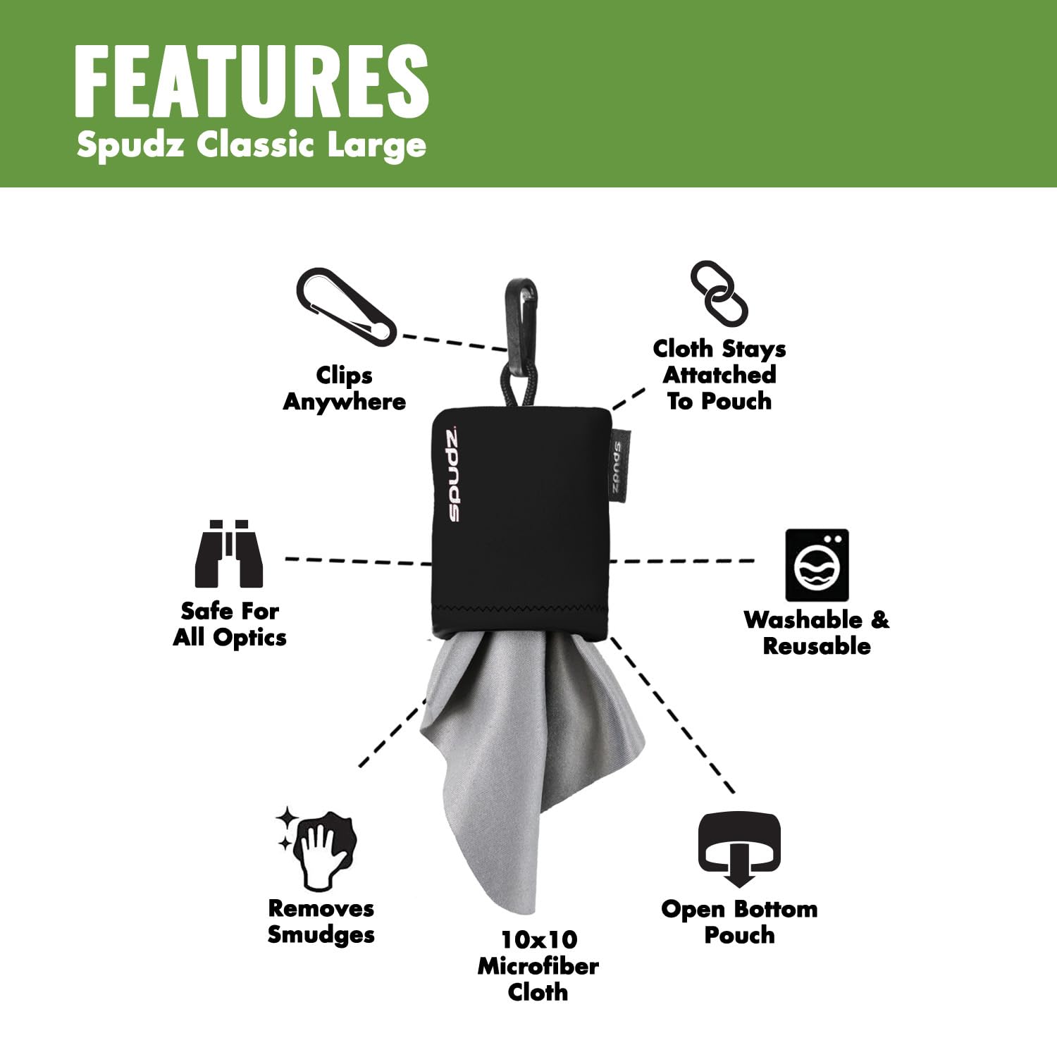 SPUDZ Classic Microfiber Lens Cleaner – Clip-On Pouch, Washable – for Binoculars, Scopes, Glasses, Screens | Avocado, 10 x 10 Inch