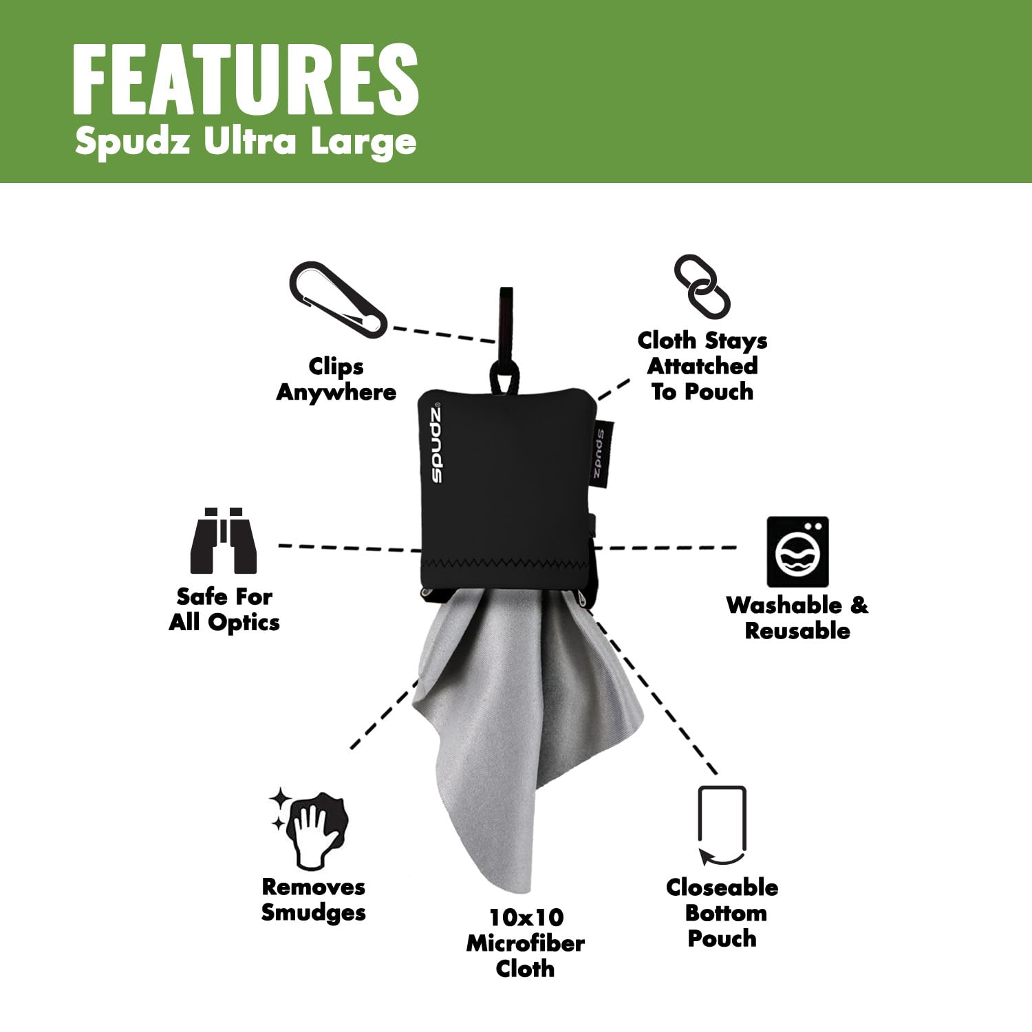 SPUDZ Ultra Microfiber Lens Cleaner – Closable Pouch, Clip-On, 10 x 10 Inch | Stealth Shadow
