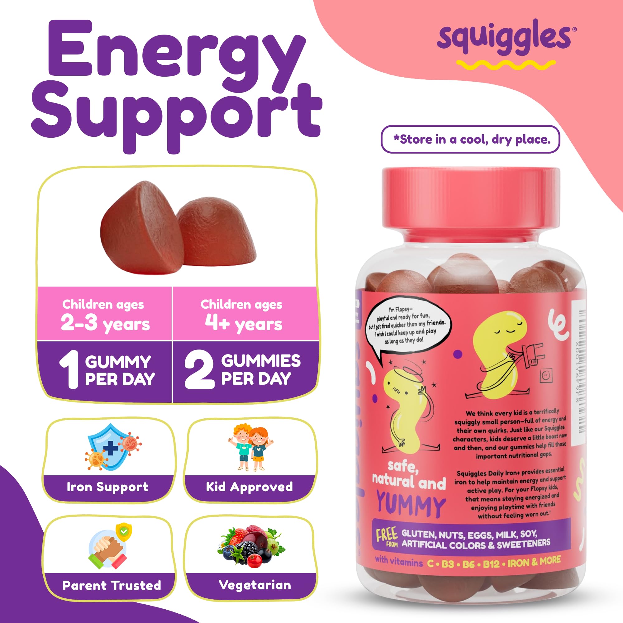 Squiggles Kids Daily Iron+ Gummies — Iron + Multivitamin for Children, Low Sugar, Vegan
