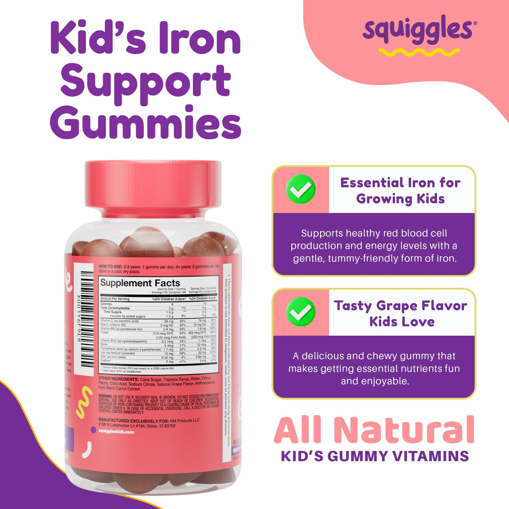 Squiggles Kids Daily Iron+ Gummies — Iron + Multivitamin for Children, Low Sugar, Vegan