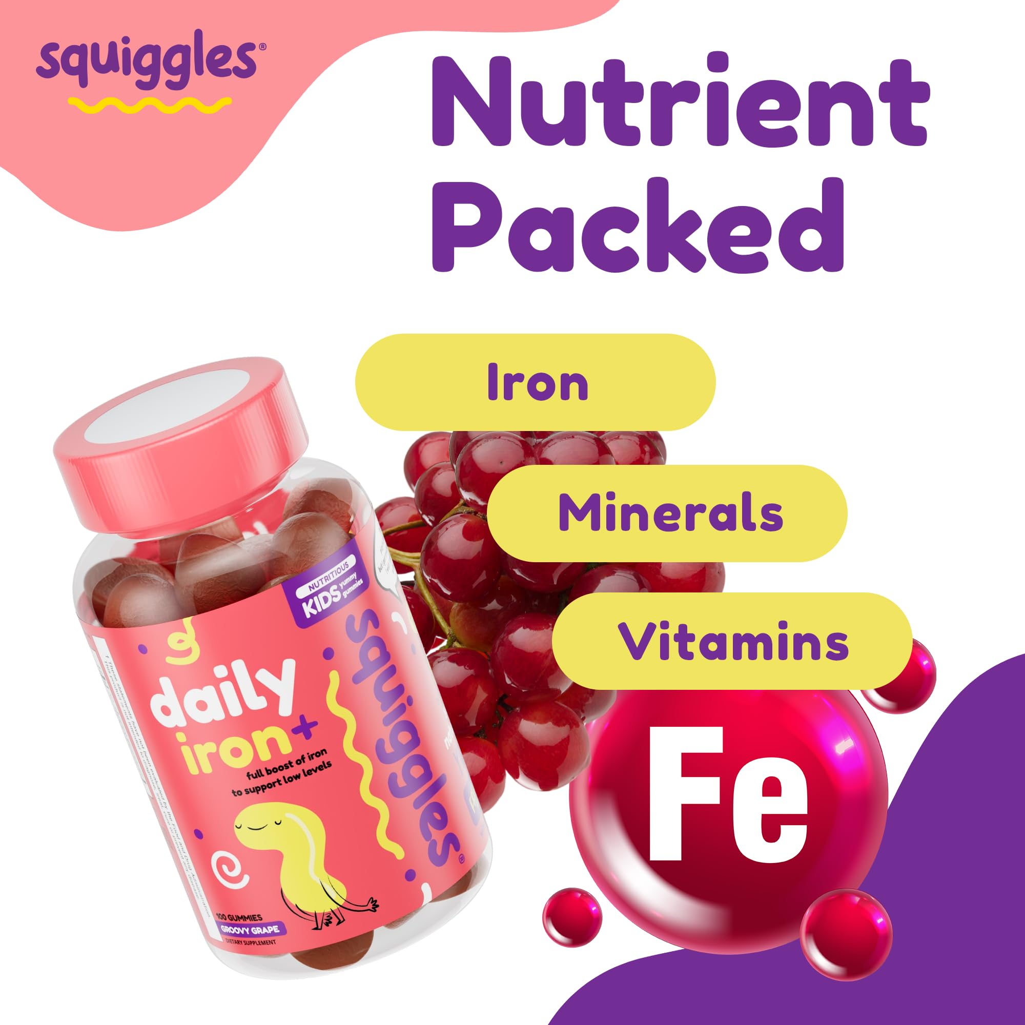 Squiggles Kids Daily Iron+ Gummies — Iron + Multivitamin for Children, Low Sugar, Vegan