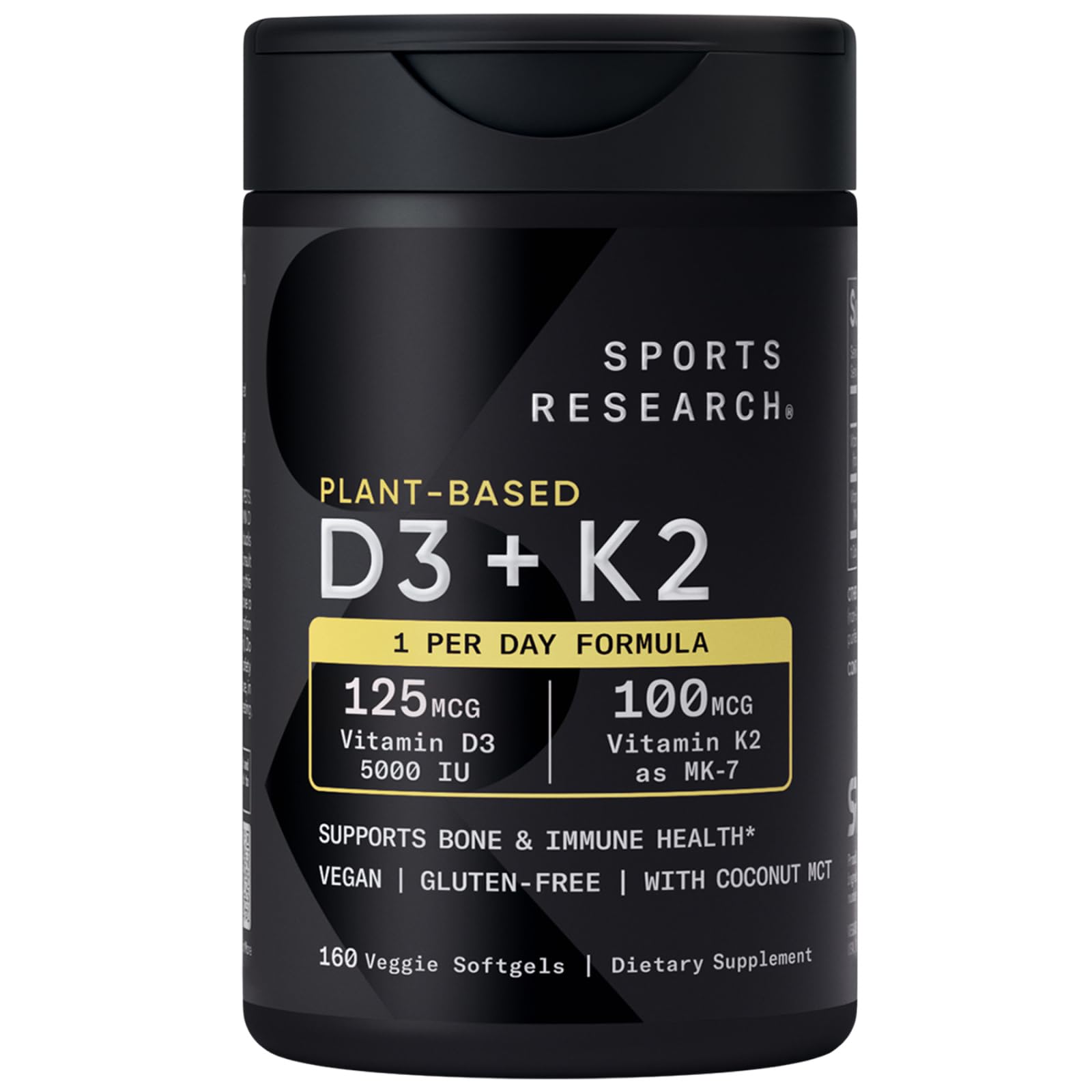 Sports Research Vitamin D3 + K2 5000 IU Plant-Based, Vegan, Non-GMO – MK-7, 160 Softgels