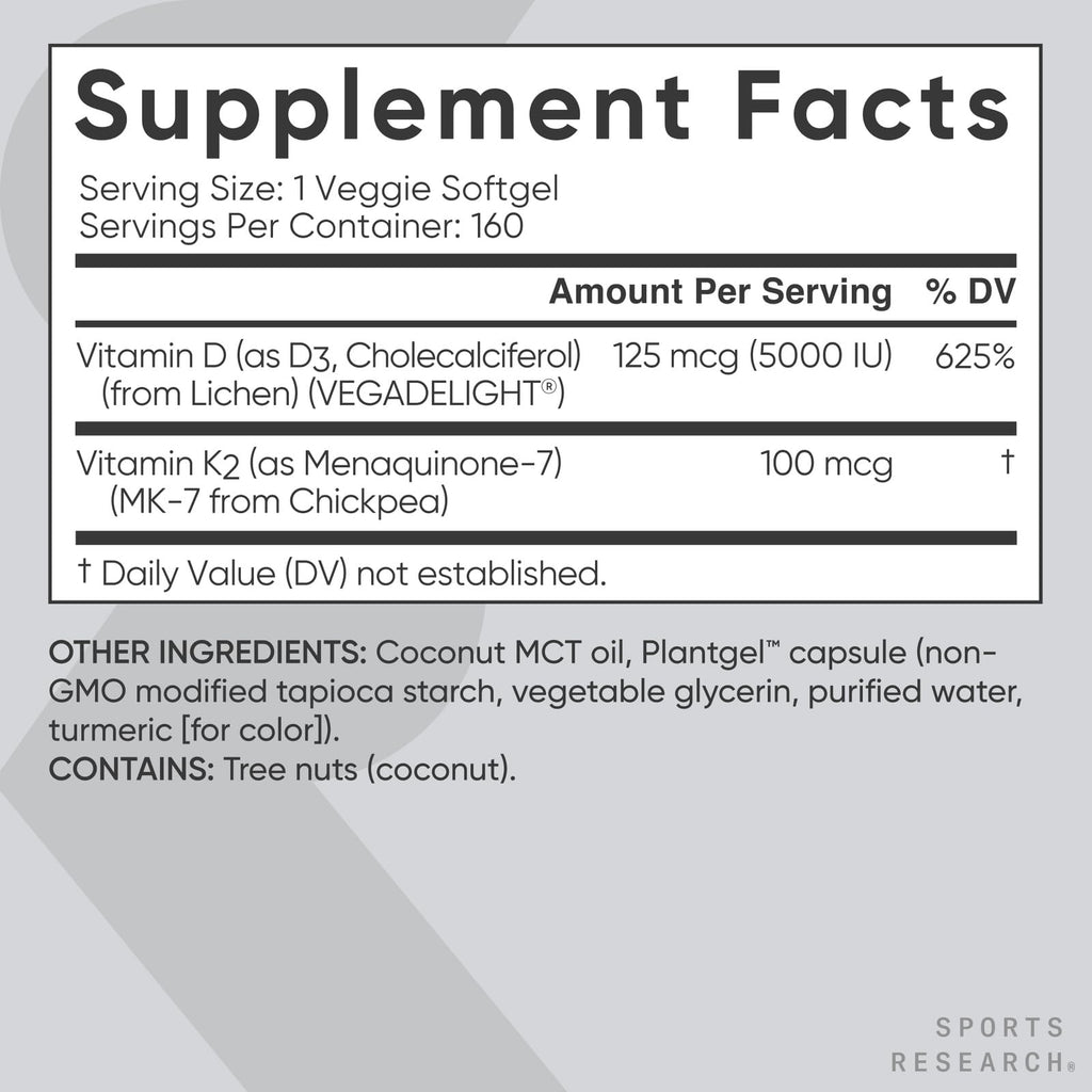 Sports Research Vitamin D3 + K2 5000 IU Plant-Based, Vegan, Non-GMO – MK-7, 160 Softgels
