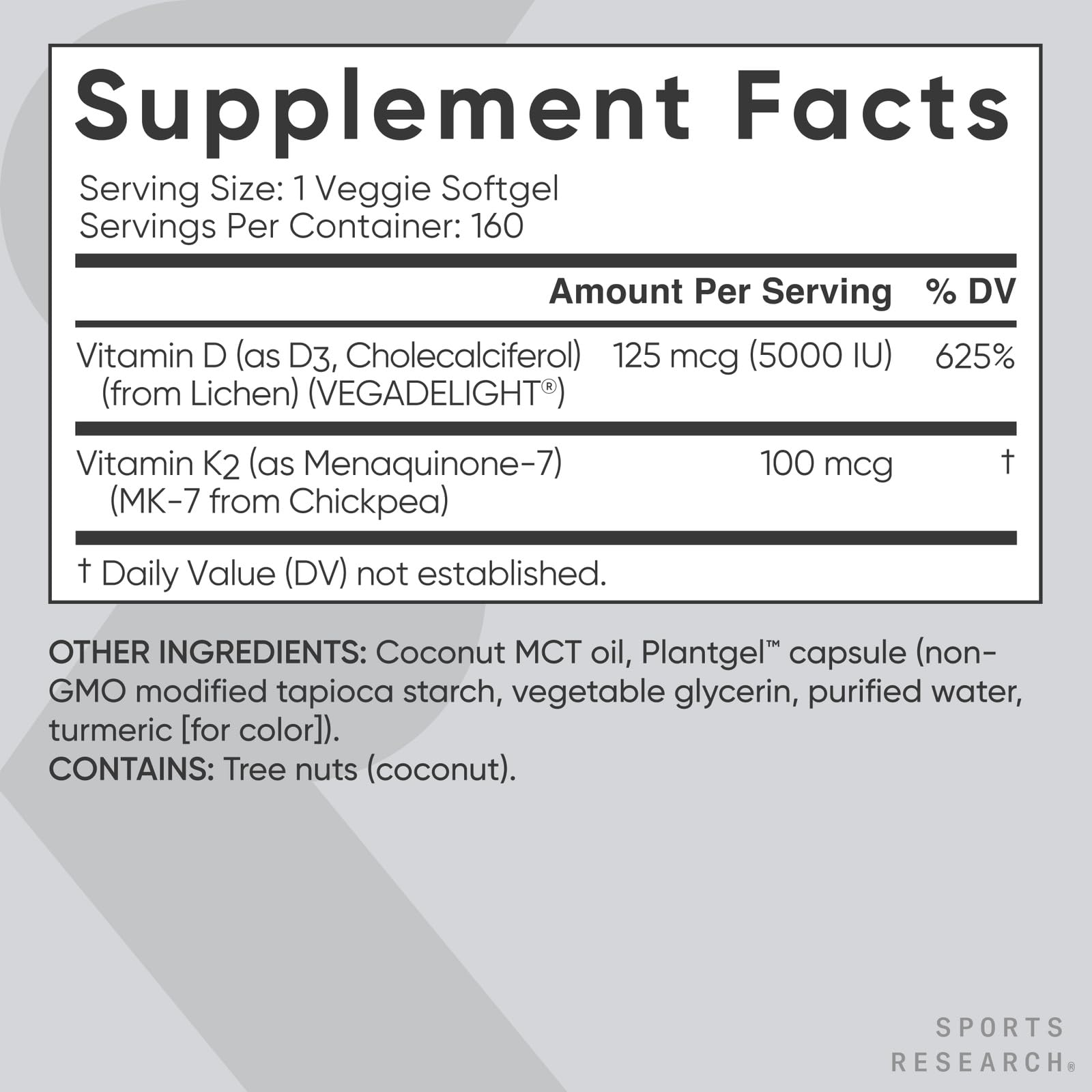 Sports Research Vitamin D3 + K2 5000 IU Plant-Based, Vegan, Non-GMO – MK-7, 160 Softgels