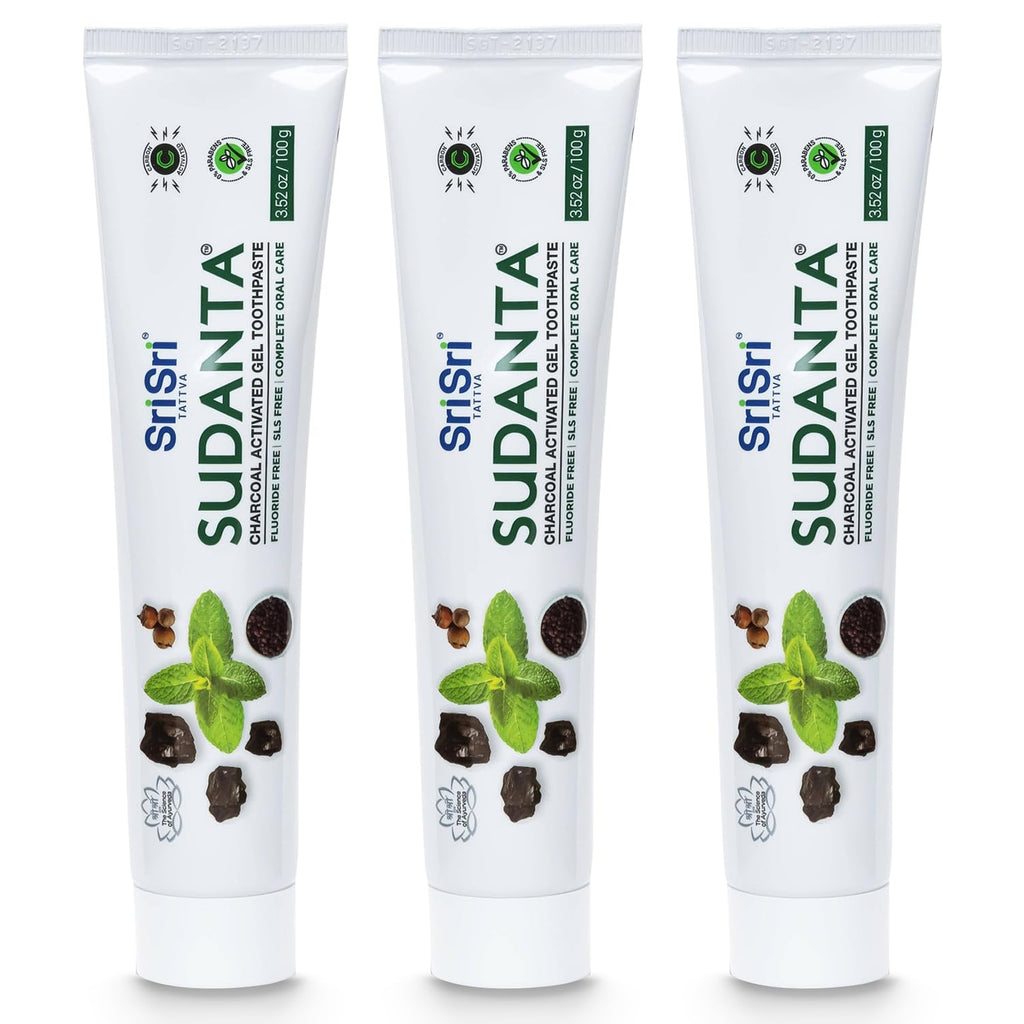 Sri Sri Tattva Sudanta Charcoal Toothpaste Gel – SLS & Fluoride Free Herbal Toothpaste (100g Tube, Pack of 3)