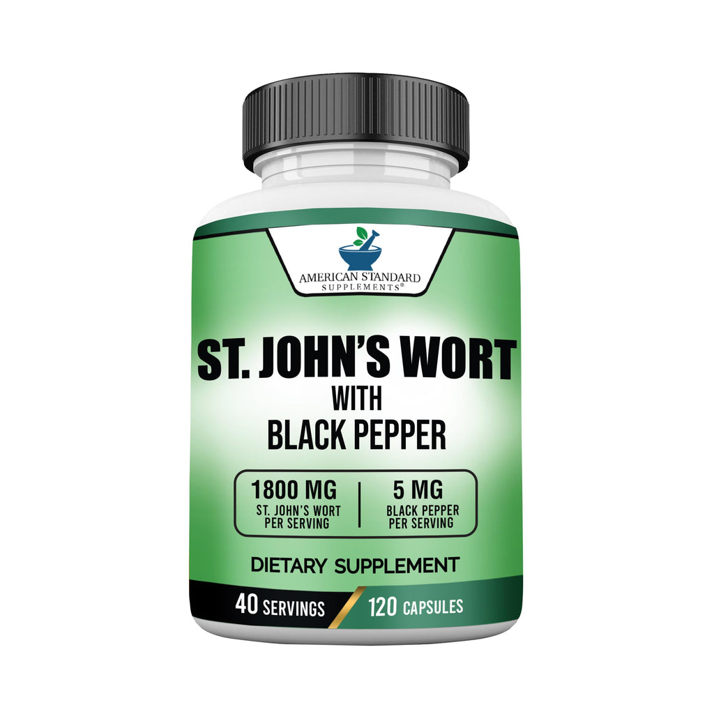 St. John’s Wort 1800mg per Serving + Black Pepper Extract – 120 Vegan Capsules | American Standard Supplements