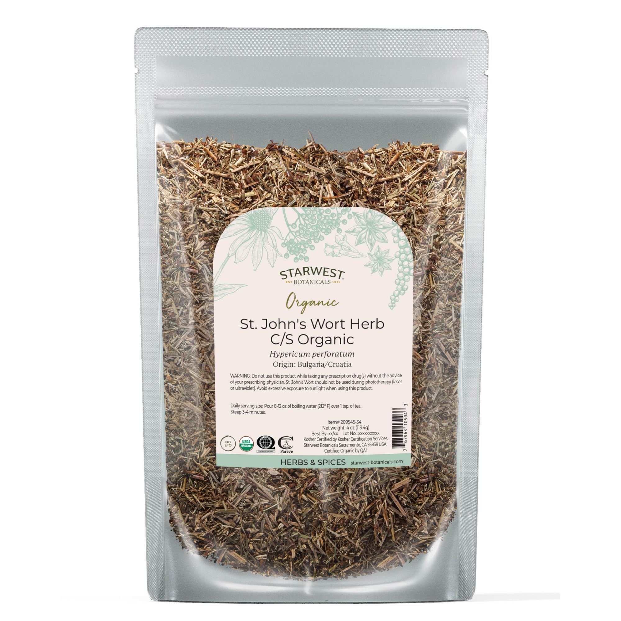 Starwest Organic St. John's Wort - 4 oz Loose Leaf Tea (Kosher, Non-GMO)