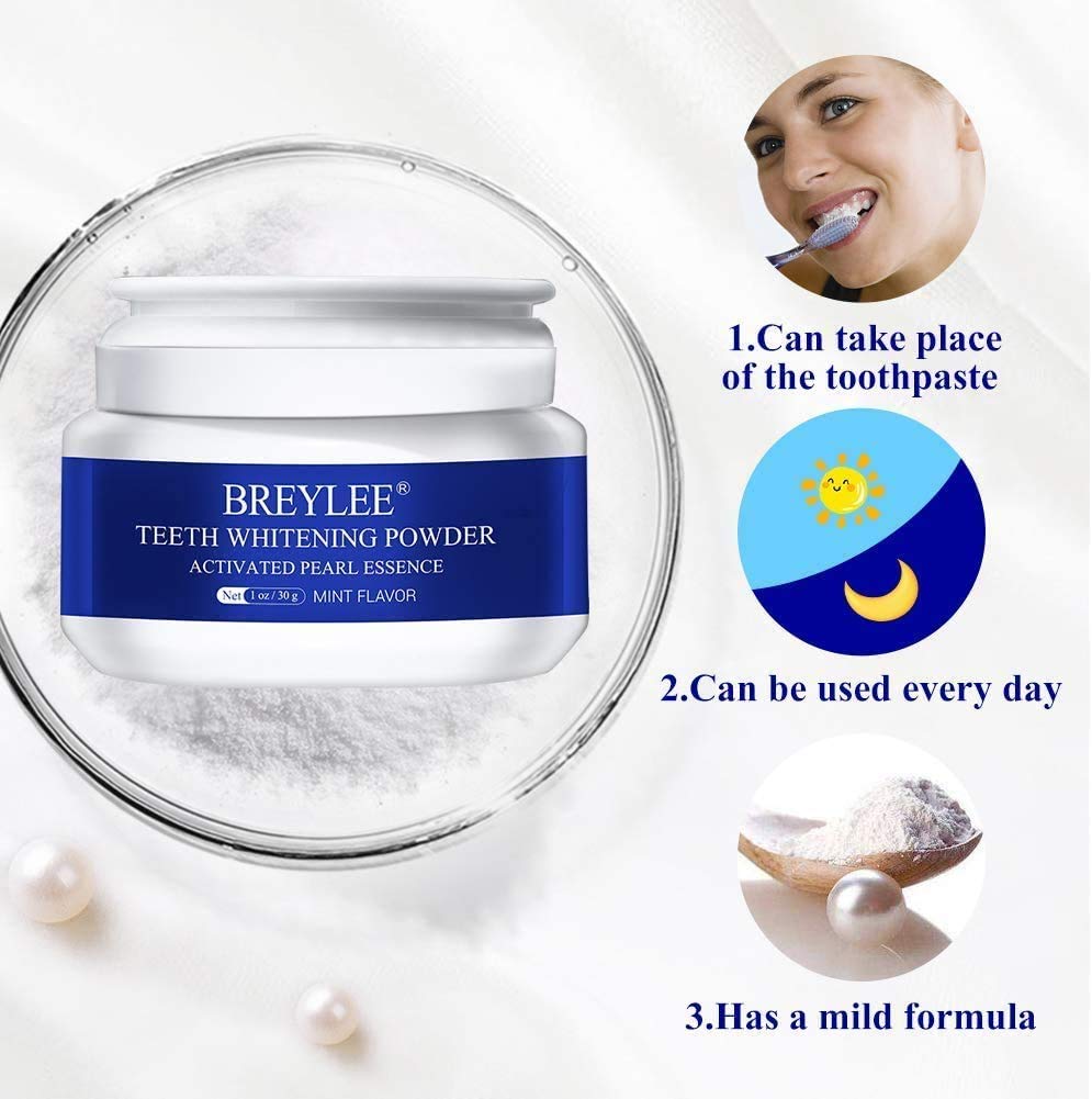 BREYLEE Teeth Whitening Powder – Pearl Essence Brightening Powder (1.05 oz) – Natural Teeth Whitener, Removes Coffee, Wine & Smoke Stains