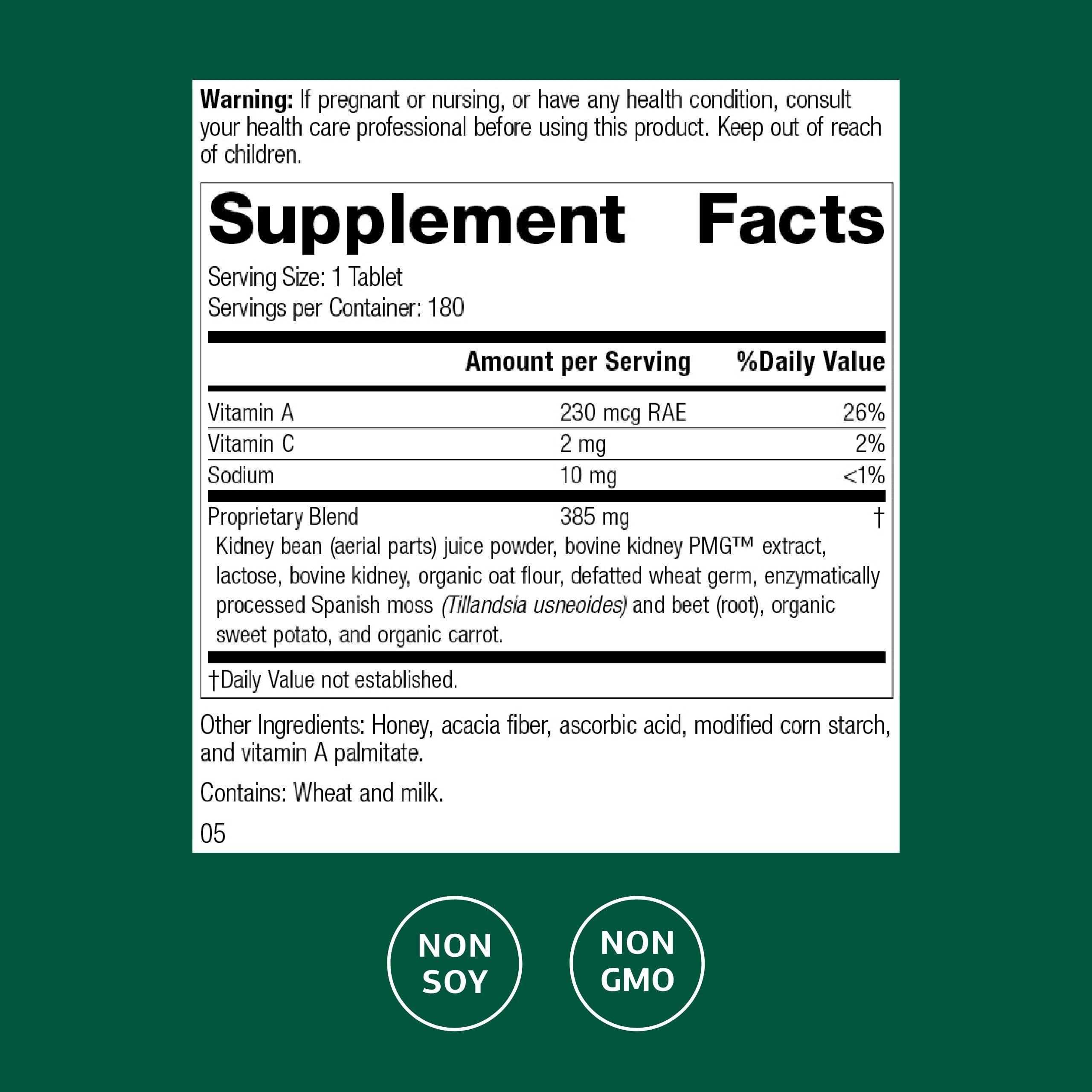 Standard Process Renafood - Kidney Support with Vitamin A, Non-Soy, 180 Tablets