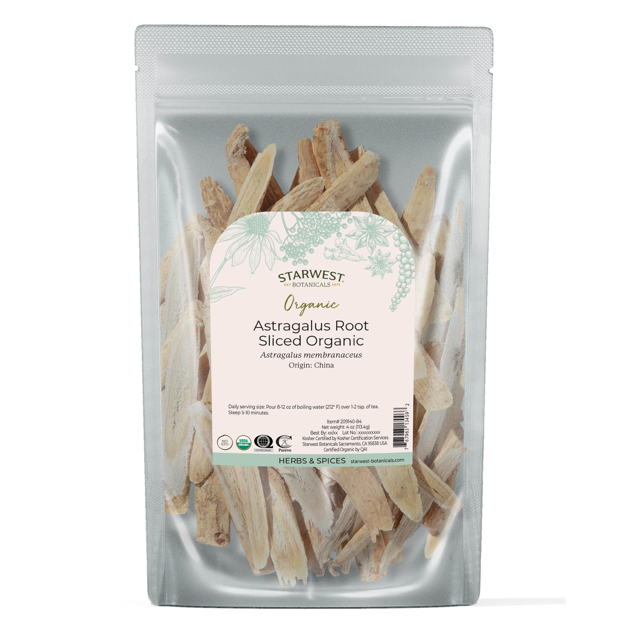 Starwest Botanicals Organic Astragalus Root Sliced – Dried Herb for Tea, Kosher & Non-GMO (4 oz Pouch)