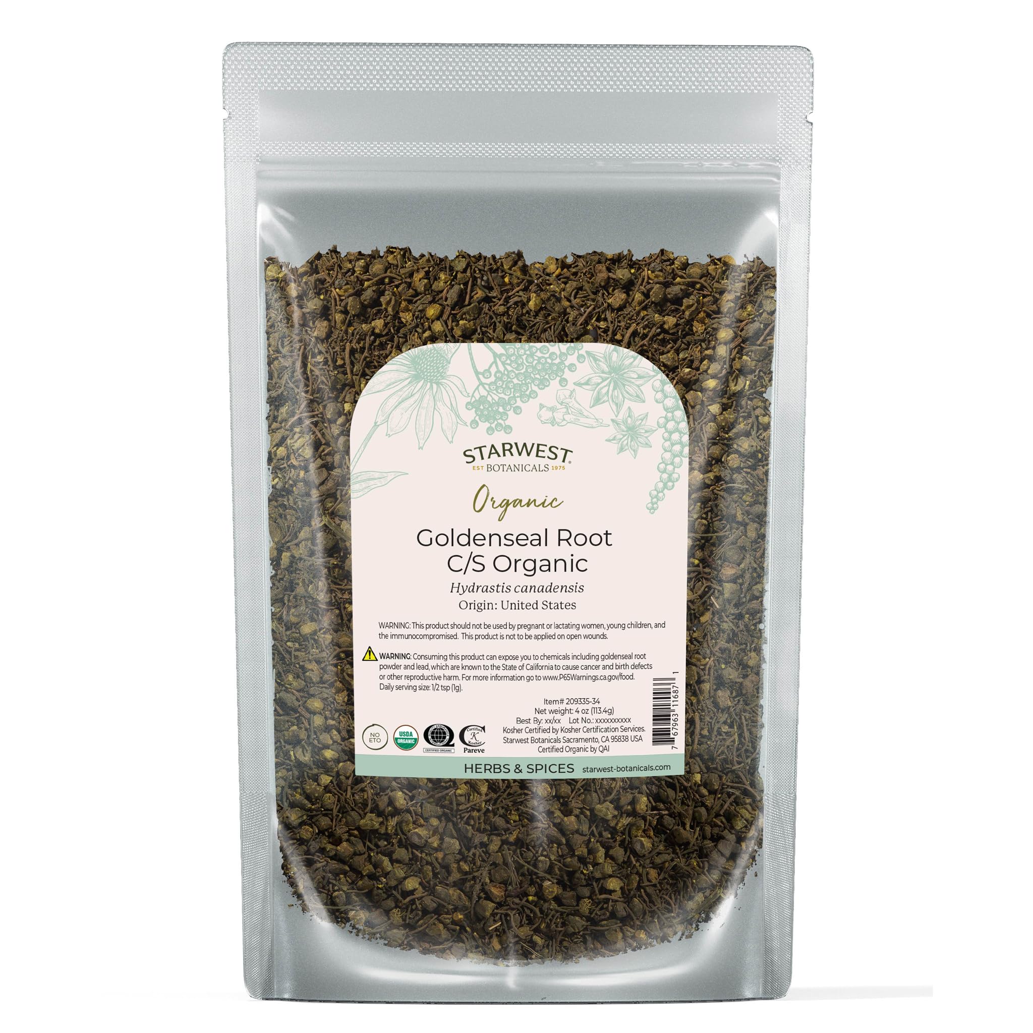 Starwest Botanicals Organic Goldenseal Root - 4 oz Pouch, Hydrastis canadensis