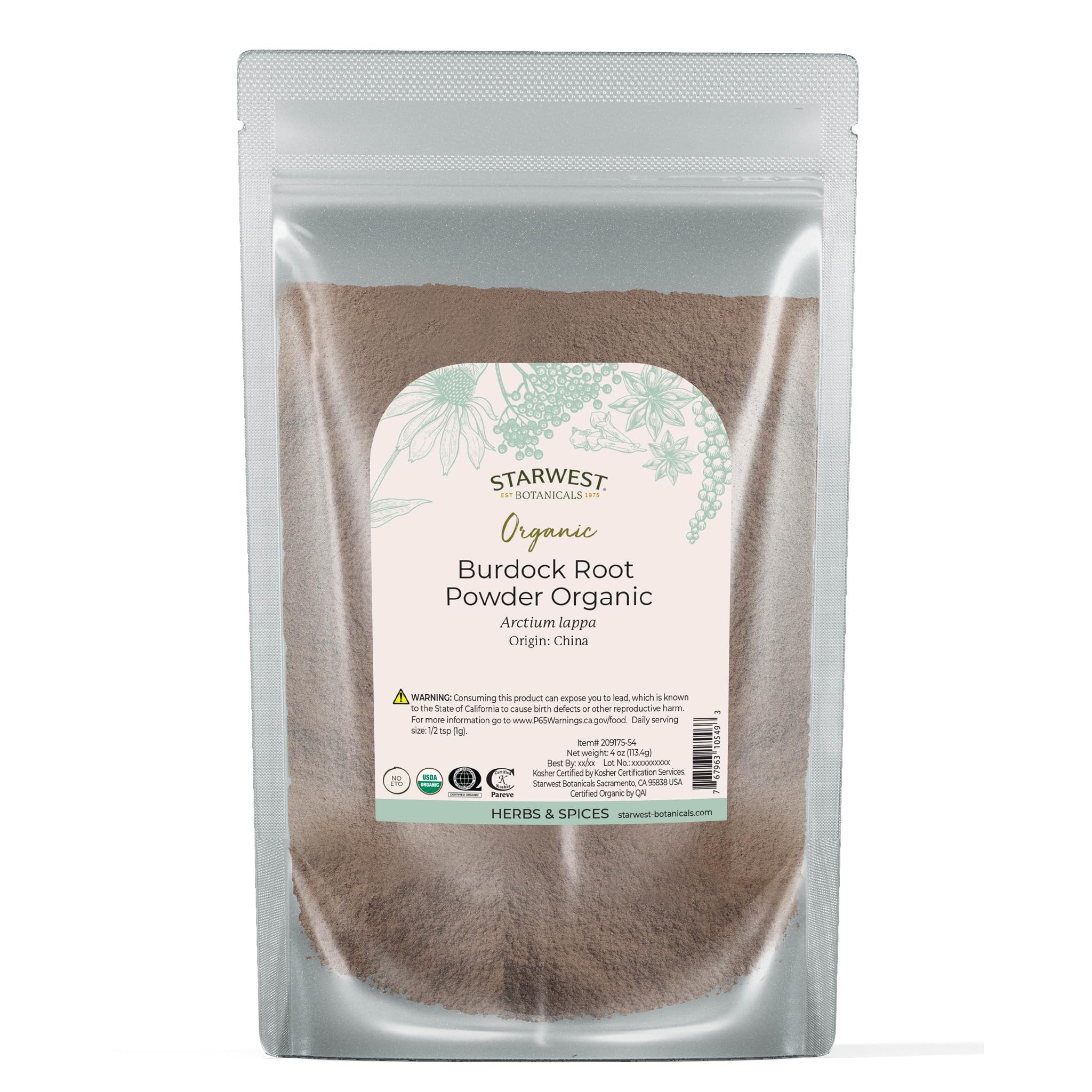 Starwest Burdock Root Powder Organic - 4 oz Pouch | Kosher, Non-GMO