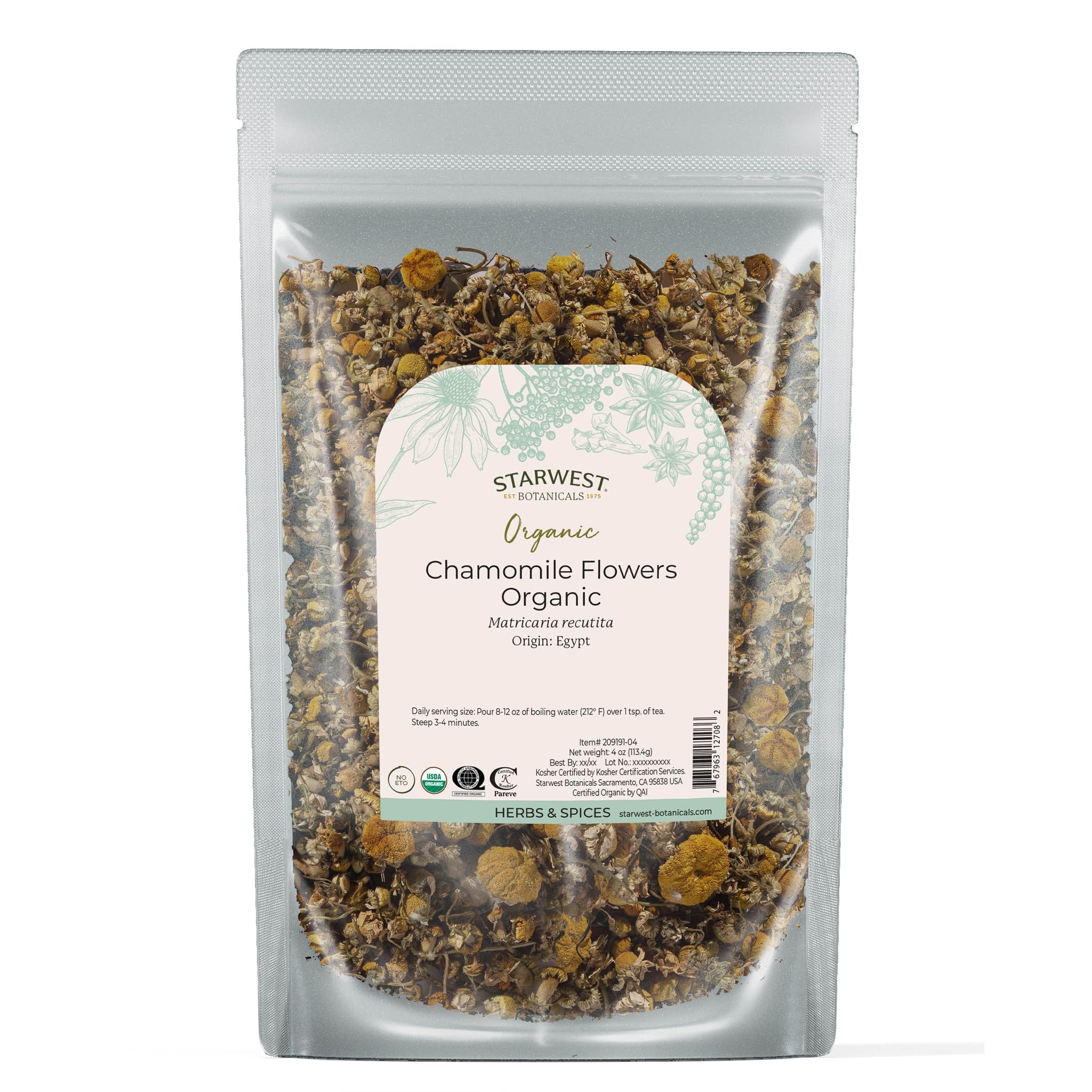 Starwest Botanicals Organic Chamomile Flowers Whole - 4 oz Pouch | Kosher, Non-GMO, Egypt