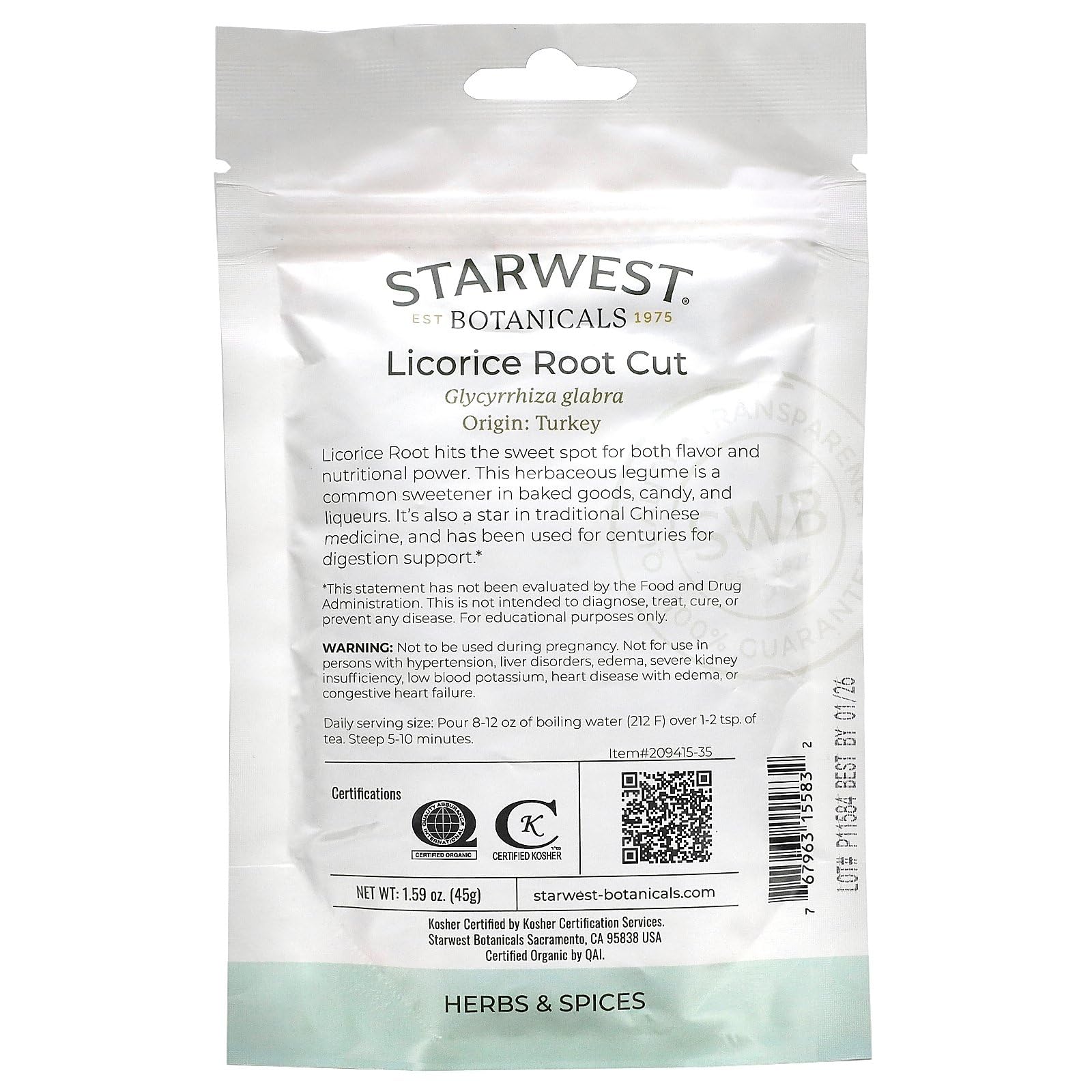 Starwest Botanicals Organic Licorice Root Cut 1.59 oz | Kosher & QAI Certified