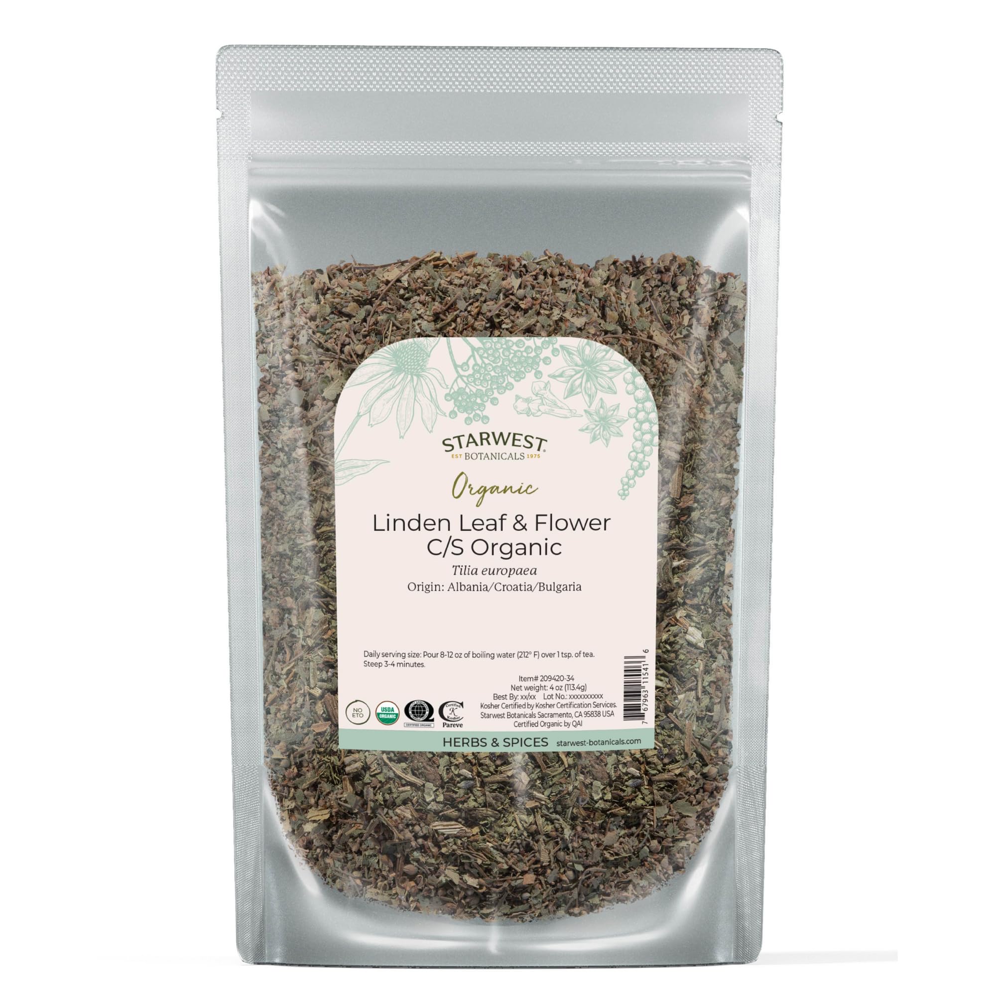 Starwest Linden Leaf & Flowers – Organic Dried Linden Tea, Kosher, Non-GMO, 4 oz