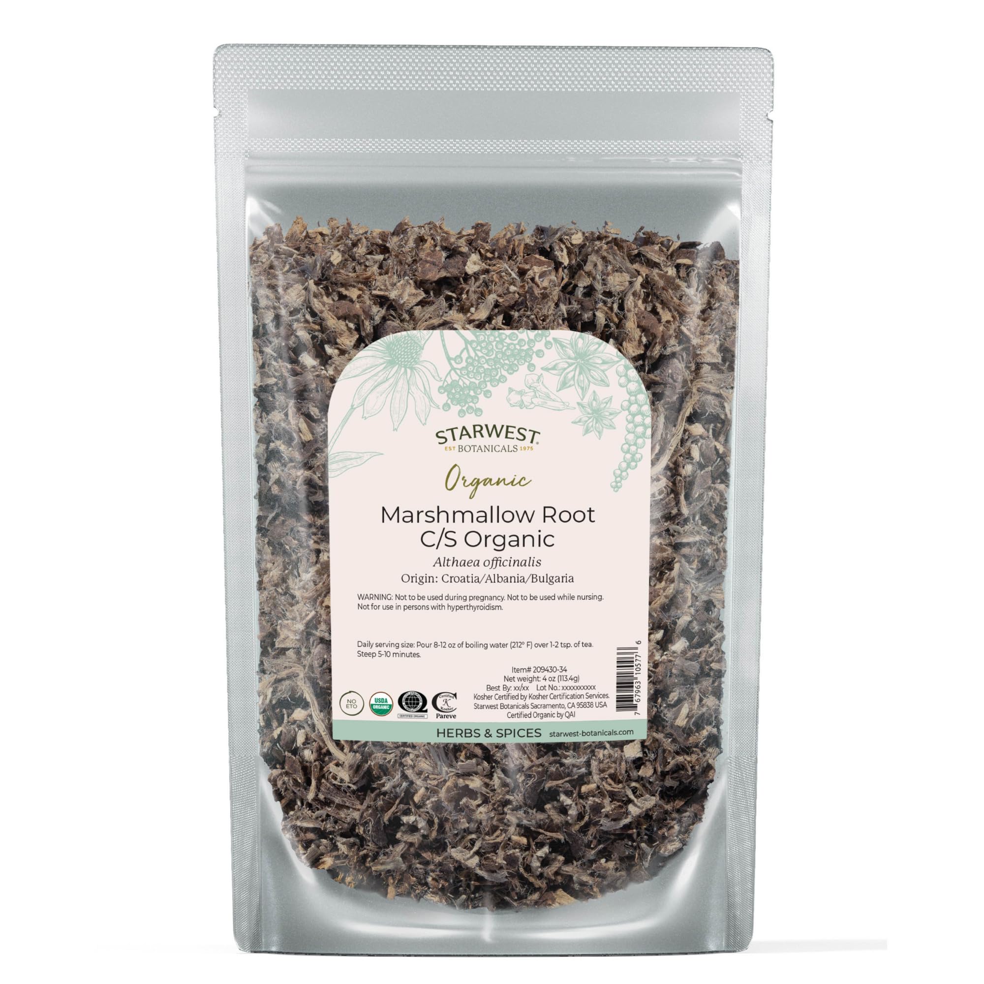 Starwest Botanicals Organic Marshmallow Root – Dried Herb for Tea, Kosher & Non-GMO – 4 oz Pouch