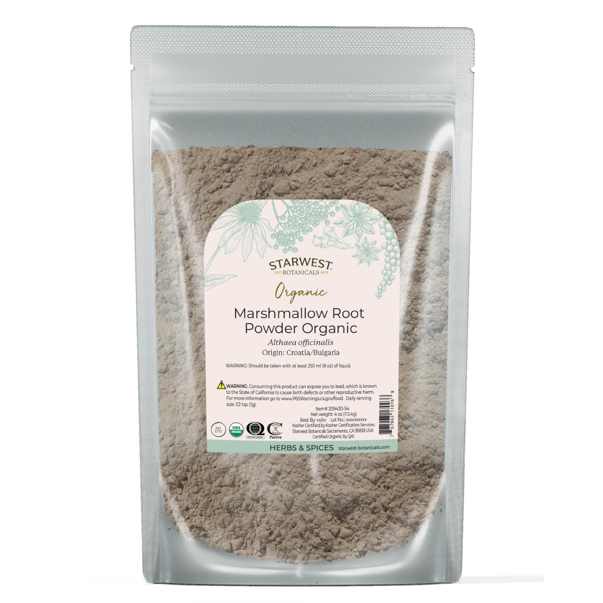 Starwest Organic Marshmallow Root Powder - 4 oz Pouch, Kosher, Non-GMO
