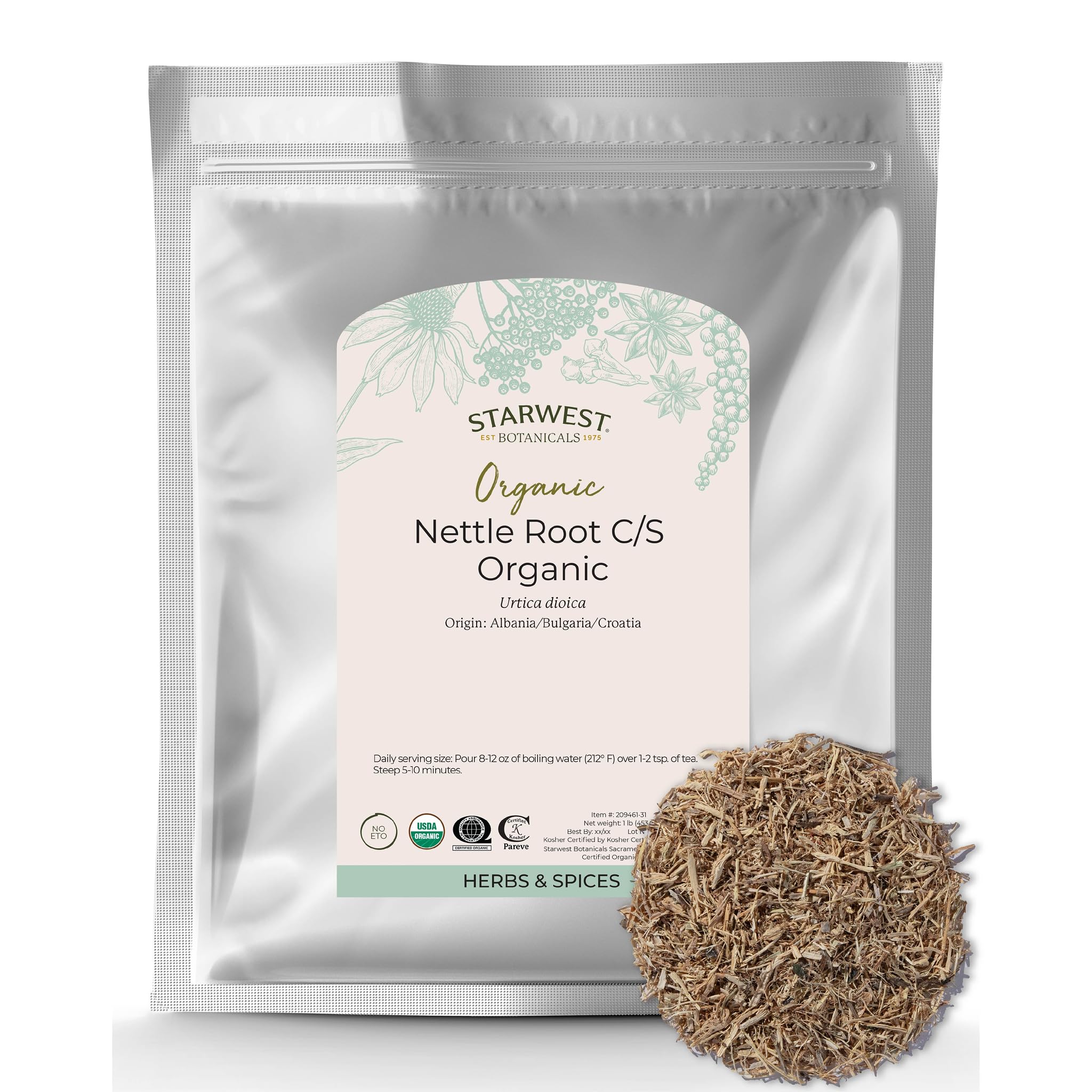 Starwest Botanicals Nettle Root Organic - Dried Stinging Nettle Root, Kosher & Non-GMO, 1 lb Bulk