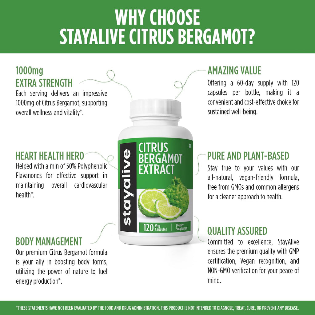 STAY ALIVE Citrus Bergamot 1000mg Capsules - 30:1 Extract, 120 Capsules | Heart Health, Non-GMO, Gluten-Free