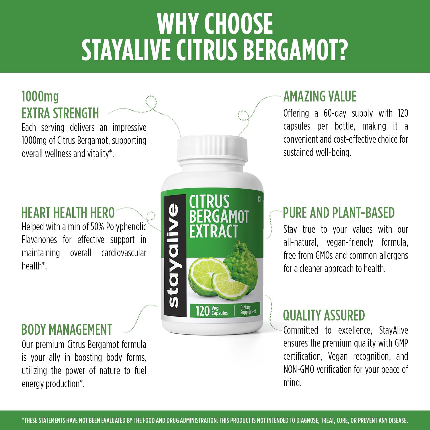 STAY ALIVE Citrus Bergamot 1000mg Capsules - 30:1 Extract, 120 Capsules | Heart Health, Non-GMO, Gluten-Free