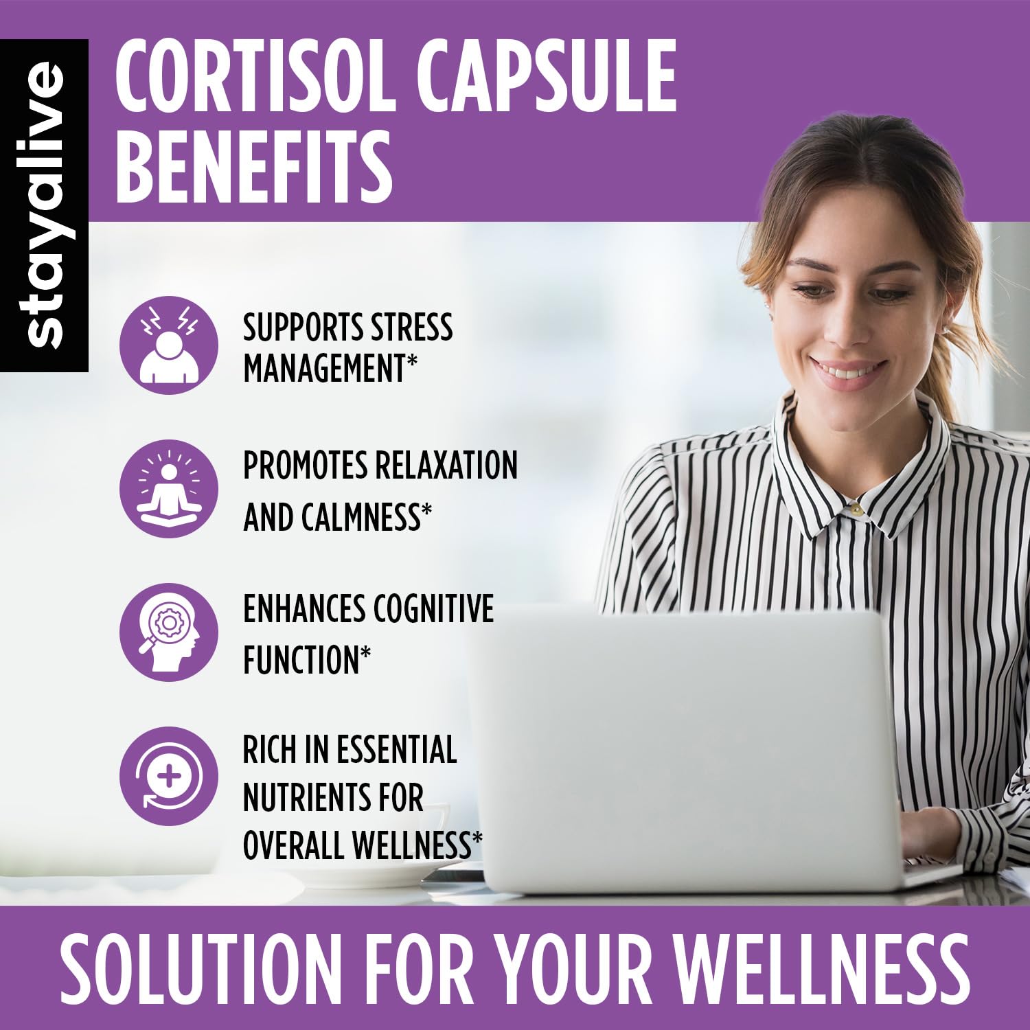 STAY ALIVE: 15-in-1 Cortisol Manager Supplement – 120 Vegan Capsules, Non-GMO & Gluten-Free