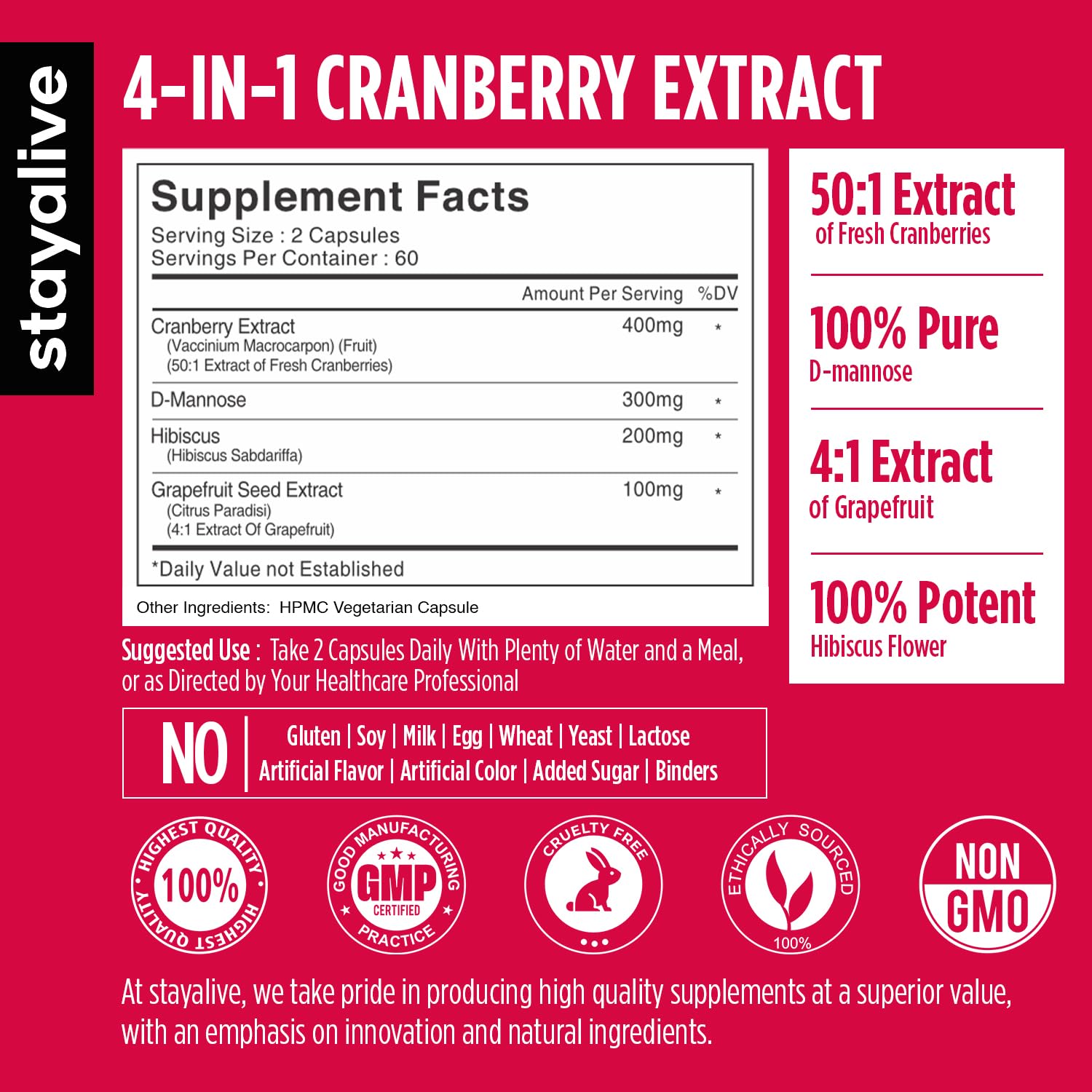 STAY ALIVE Cranberry Pills 1000mg with D-Mannose — Vegan, Non-GMO, Gluten-Free (120 Count)