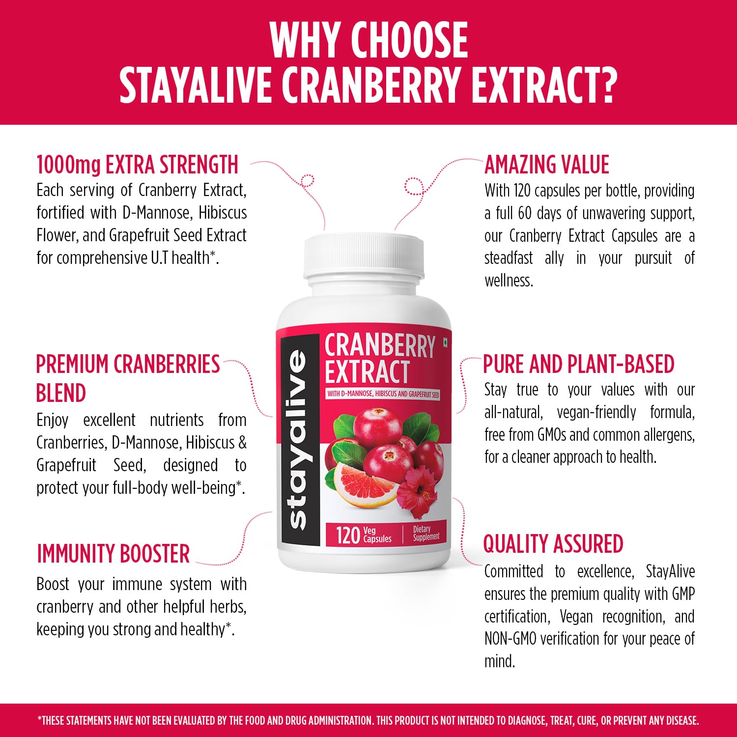 STAY ALIVE Cranberry Pills 1000mg with D-Mannose — Vegan, Non-GMO, Gluten-Free (120 Count)