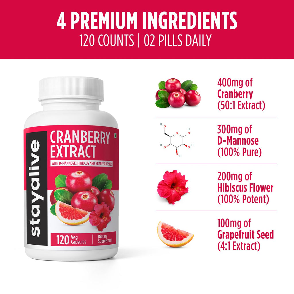 STAY ALIVE Cranberry Pills 1000mg with D-Mannose — Vegan, Non-GMO, Gluten-Free (120 Count)
