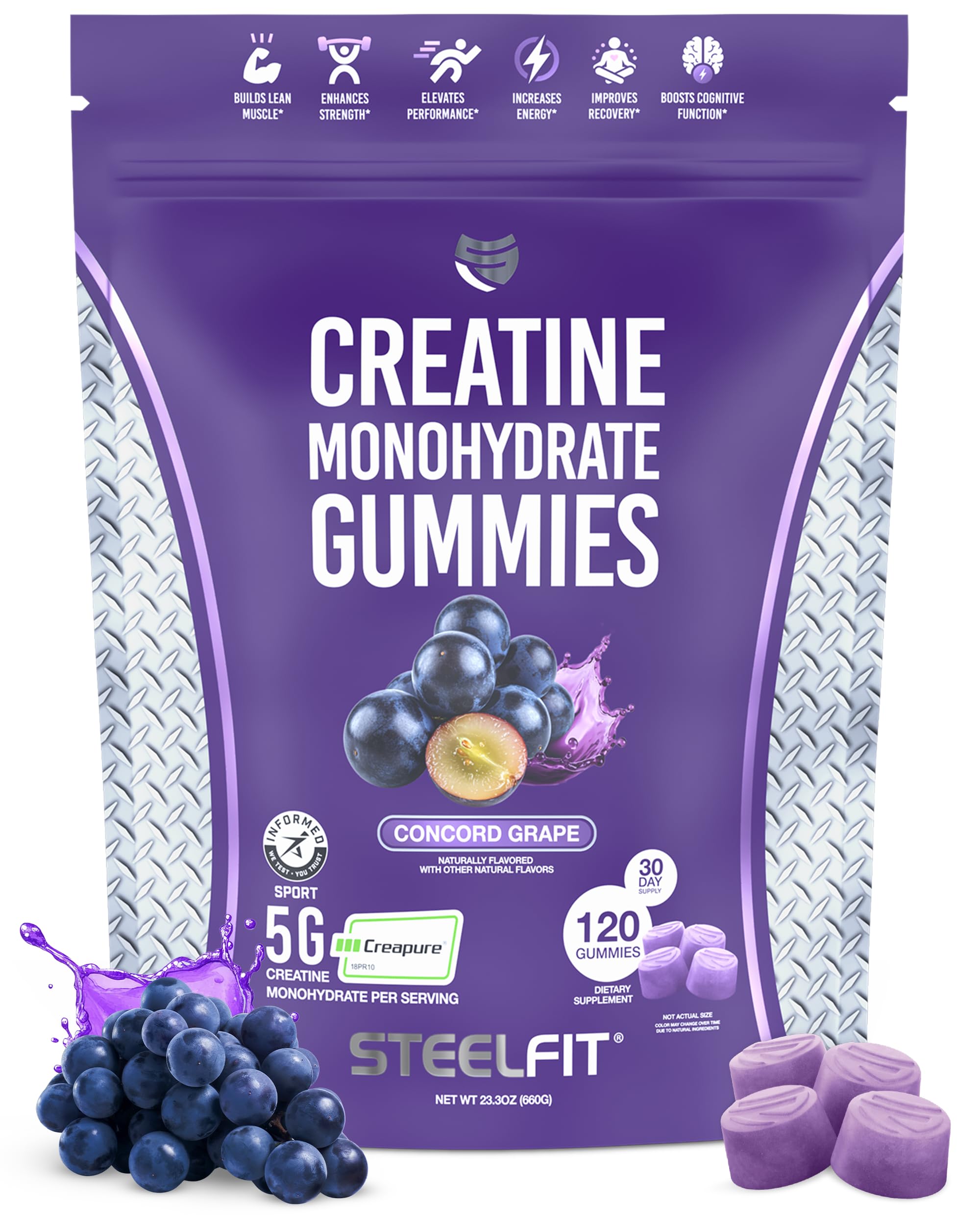 SteelFit Creapure Creatine Monohydrate Gummies for Men & Women - Concord Grape | 120 Gummies