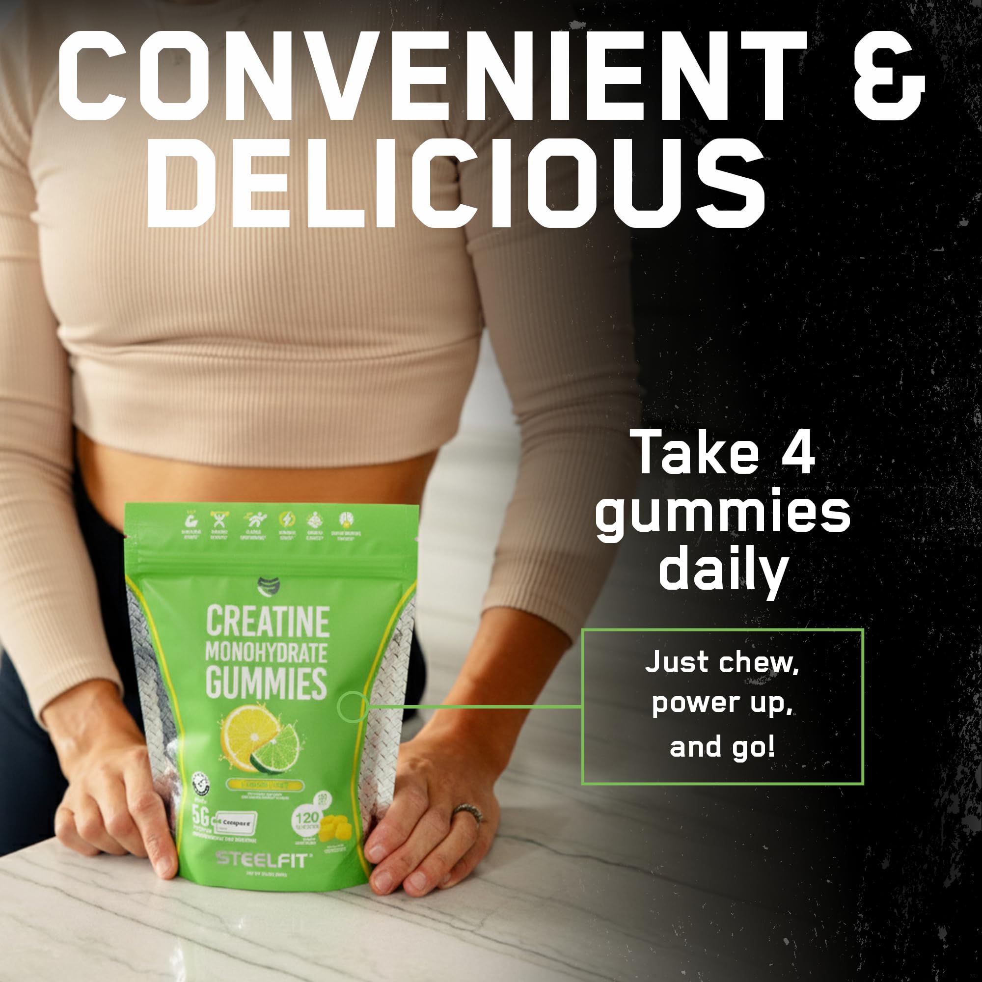 SteelFit Creapure Creatine Monohydrate Gummies – Lemon Lime (120 Gummies) for Muscle Gain, Brain Health & Strength