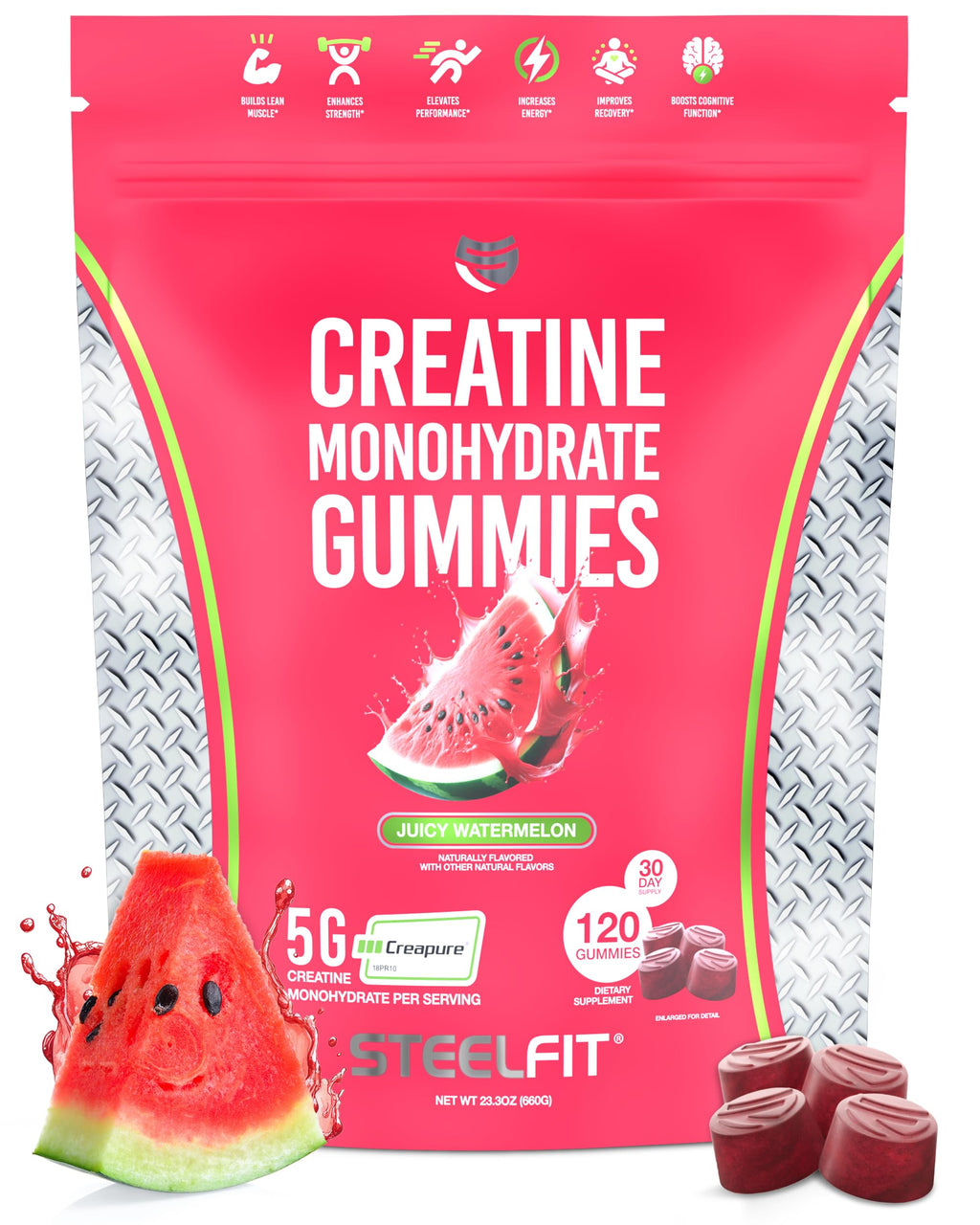SteelFit Creapure Creatine Gummies - 5g per Serving, Juicy Watermelon, 120 Gummies