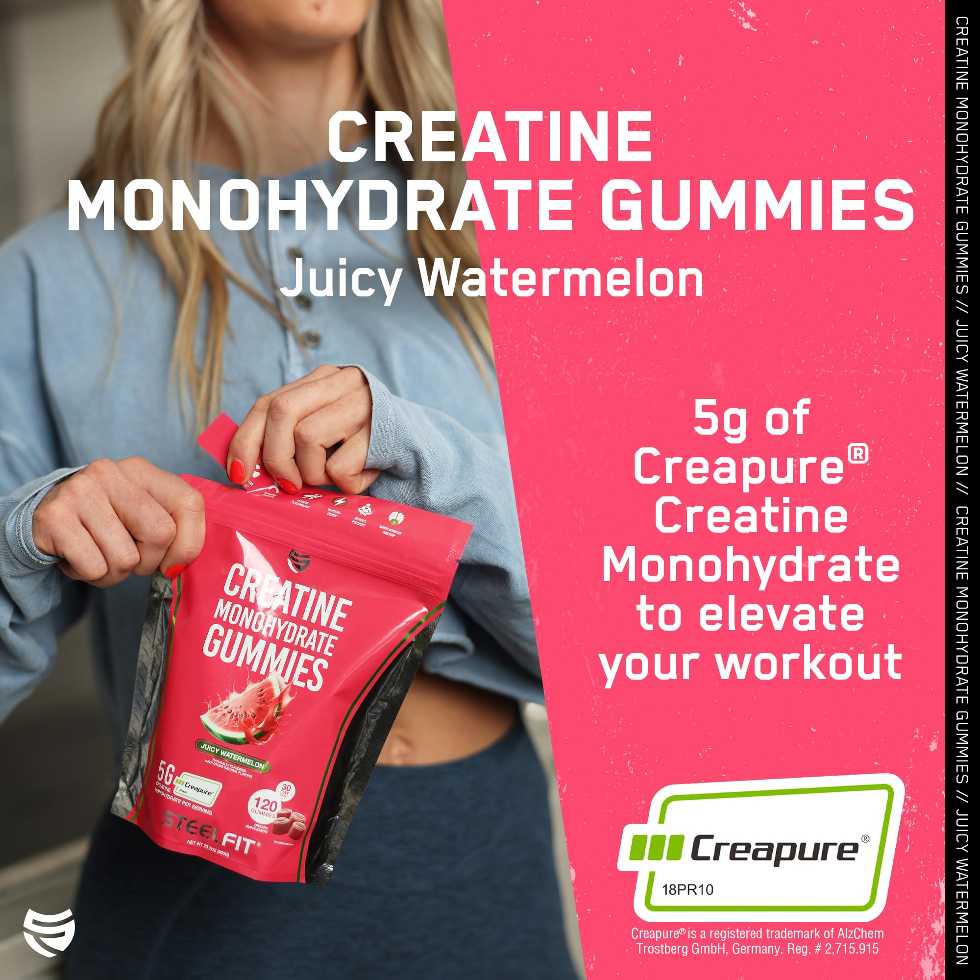 SteelFit Creapure Creatine Gummies - 5g per Serving, Juicy Watermelon, 120 Gummies