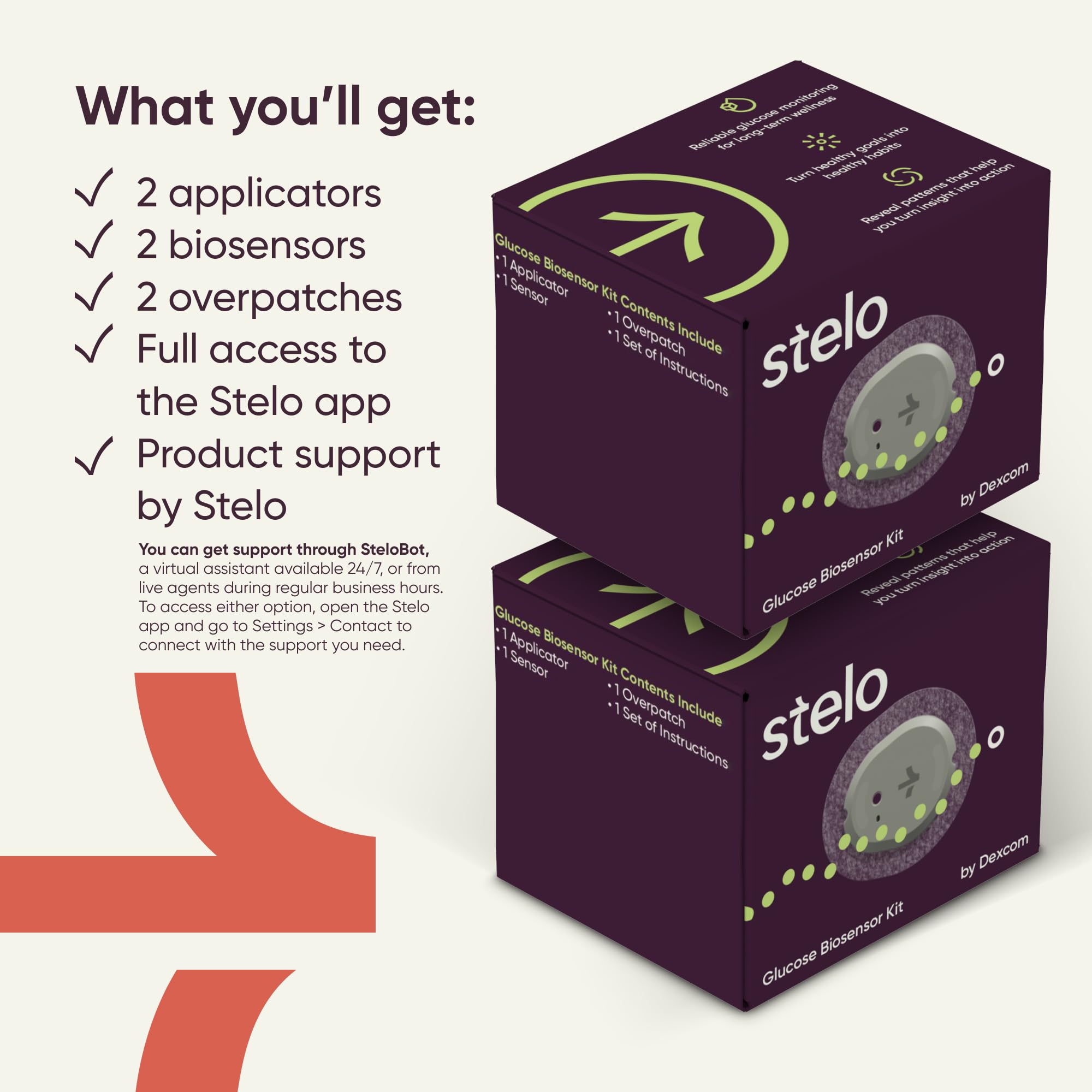 Stelo Glucose Biosensor & App by Dexcom – CGM, 2-Pack, 15‑Day Wear, iOS & Android