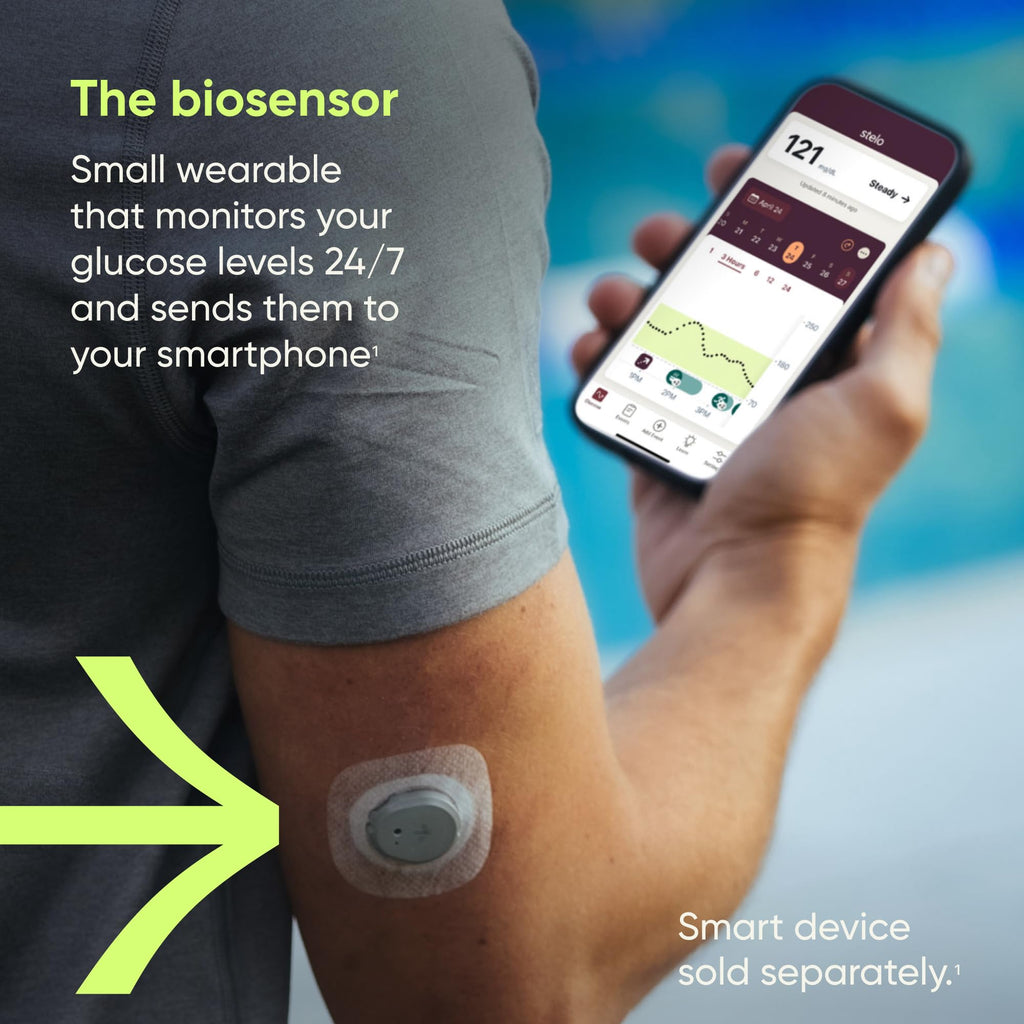 Stelo Glucose Biosensor & App by Dexcom – CGM, 2-Pack, 15‑Day Wear, iOS & Android