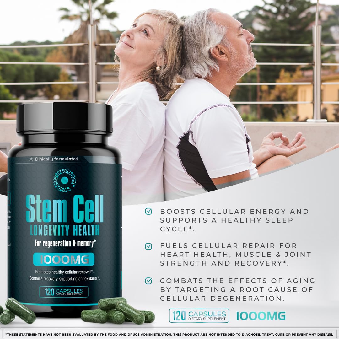 Premium Stem Cell Supplements 1,000mg (360 Caps) – Immunity, Joint Support & Anti-Aging | Spirulina & Chlorella