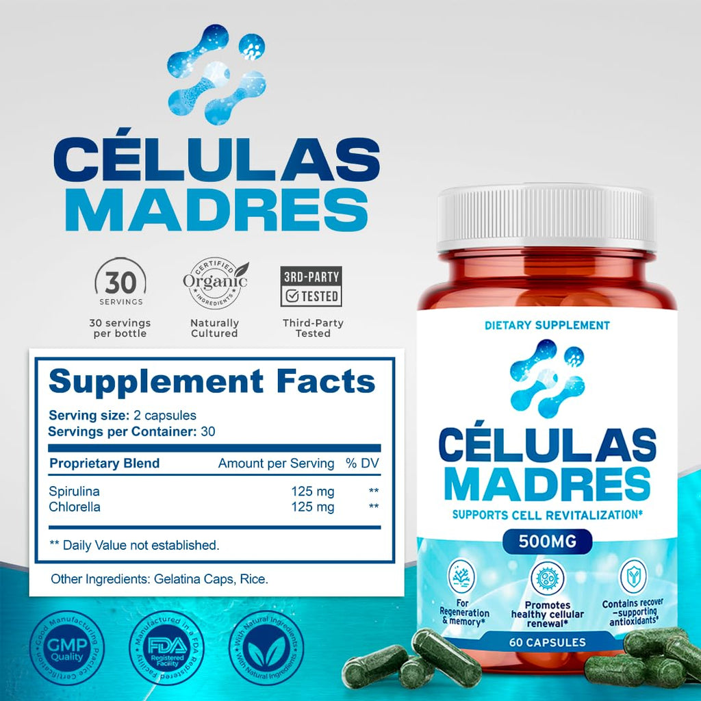 Stem Cell Supplements 500mg – Anti-Aging & Longevity (60 Caps) with Spirulina & Chlorella | Celulas Madre
