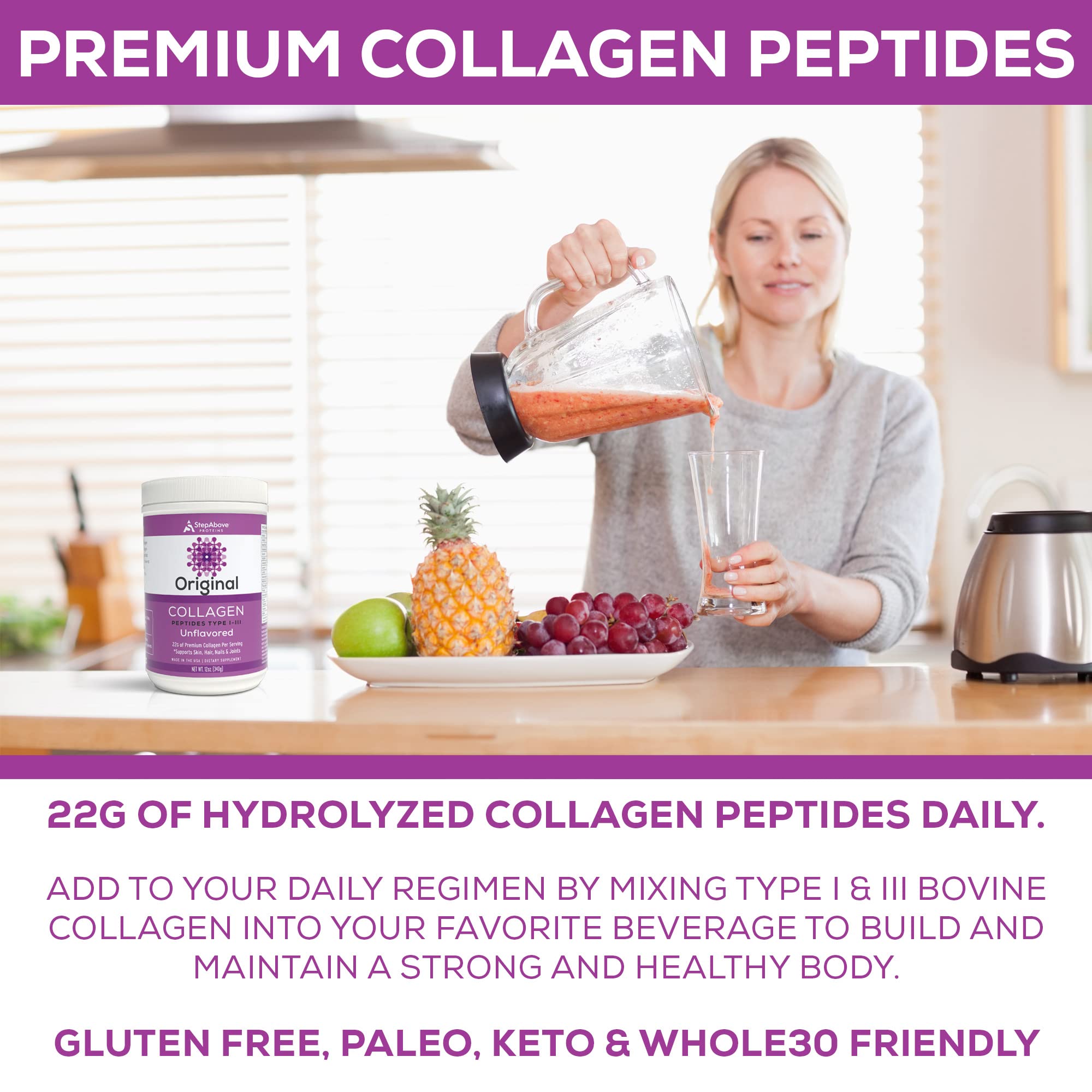 Step Above Proteins Original Collagen Peptides - 12 oz, 100% Natural Bovine Hydrolyzed Type I-III