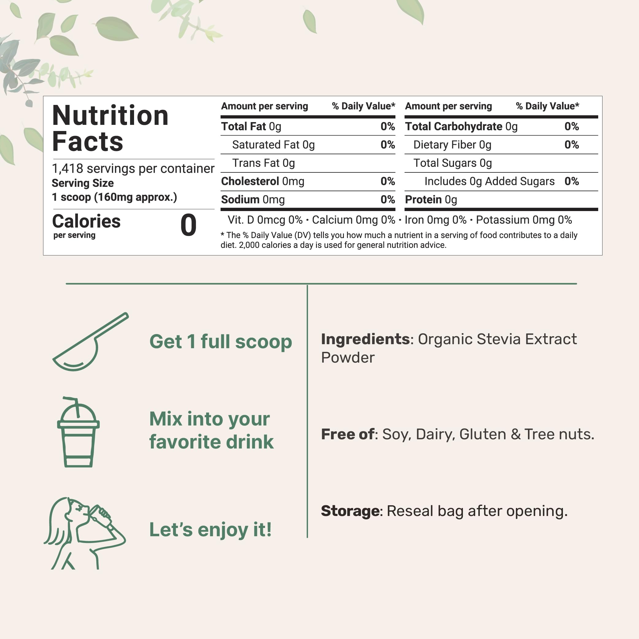 Pure Organic Stevia Powder 8 oz – Reb-A, Zero Calorie Keto Sweetener