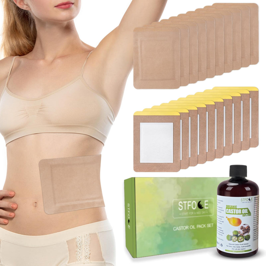 STFOCE 20pcs Castor Oil Pack Wrap – Self-Adhesive, Organic, No Leakage, No Wash, 7.9x5.5 in, Oil Included