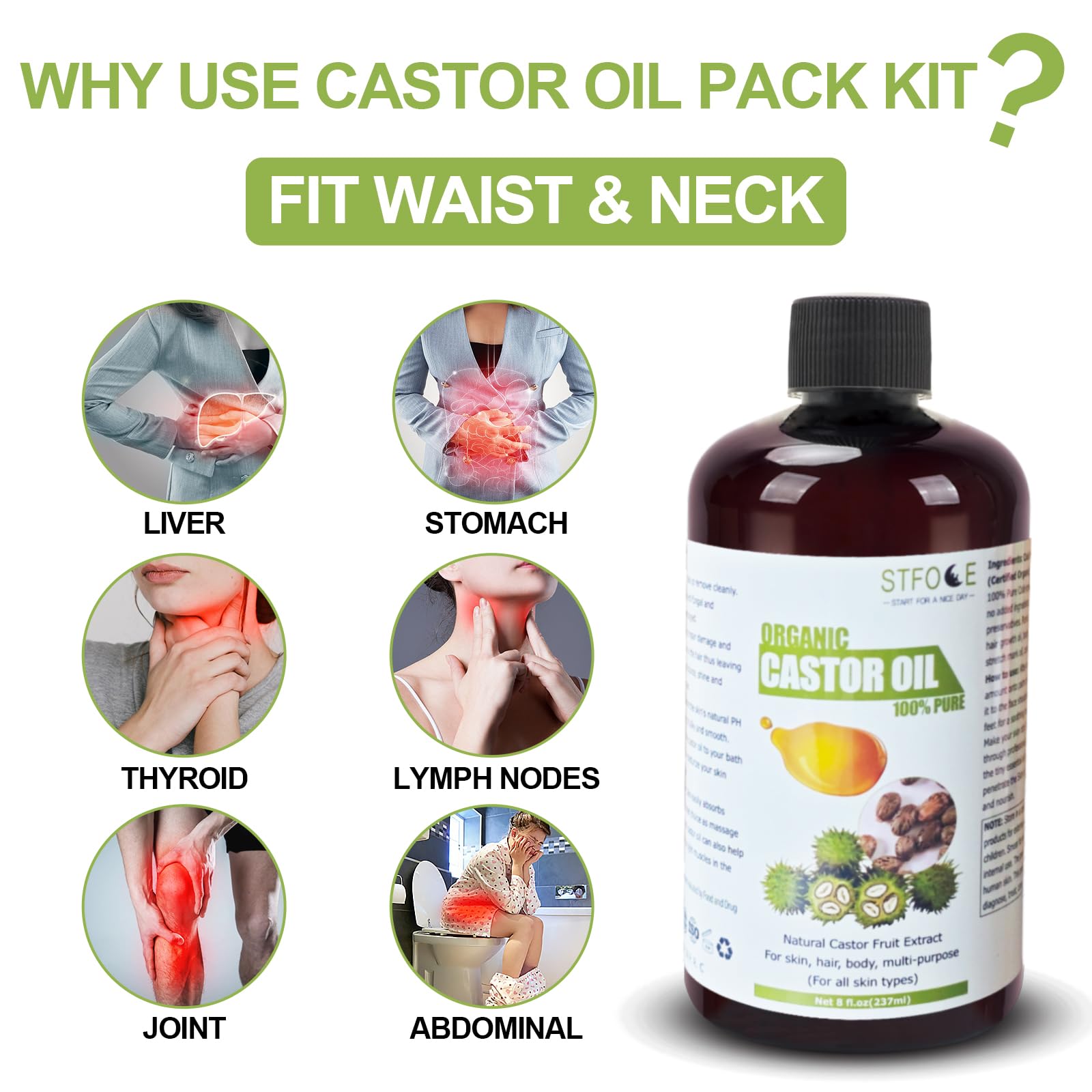STFOCE 20pcs Castor Oil Pack Wrap – Self-Adhesive, Organic, No Leakage, No Wash, 7.9x5.5 in, Oil Included