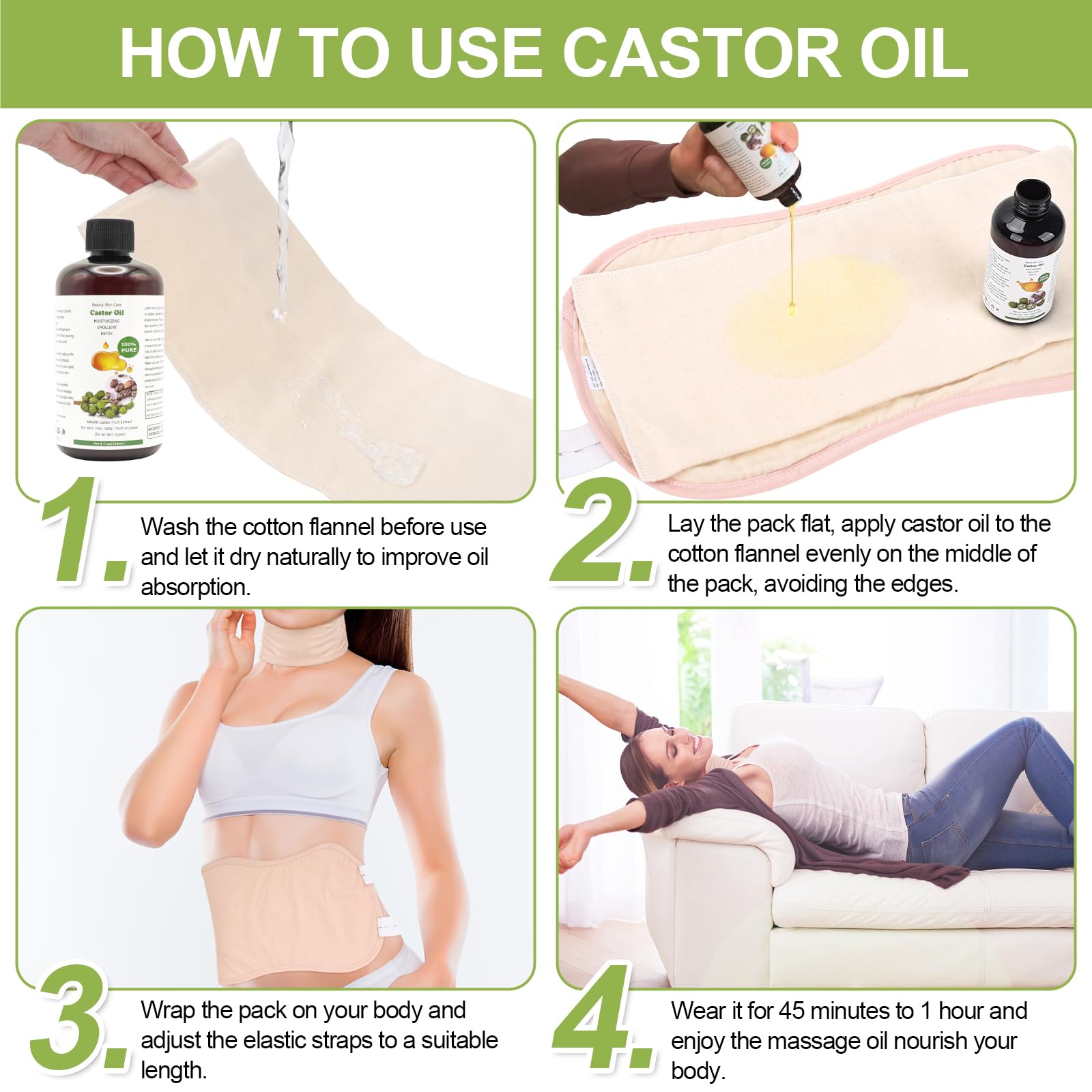 STFOCE Castor Oil Pack Wrap – Organic, Self-Adhesive, 7.9x5.5 in (Pack of 18)