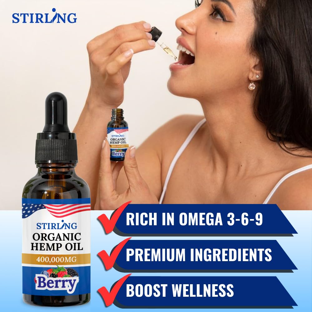 Stirling Organic Hemp Oil - 400,000mg Natural Berry Flavor - Enhances Sleep and Helps Reduce Discomfort - THC-Free, Non-GMO, Gluten-Free, High in Omega 3 6 9 - Premium U.S. Hemp Seed Oil