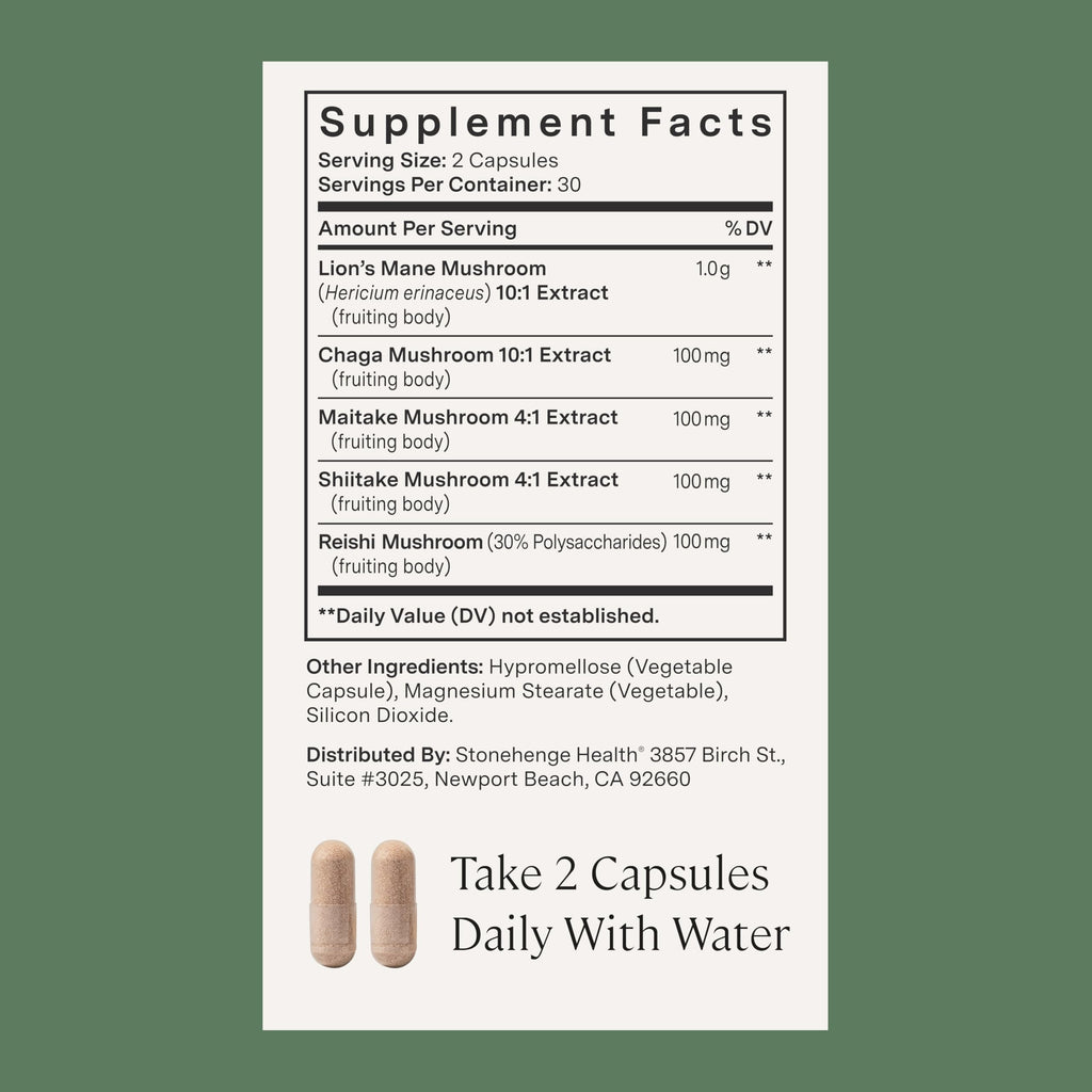 Stonehenge Dynamic Health Mushrooms 1,400 mg – 5 Mushroom Complex (Lion’s Mane, Reishi, Chaga, Maitake, Shiitake) – 60 Capsules