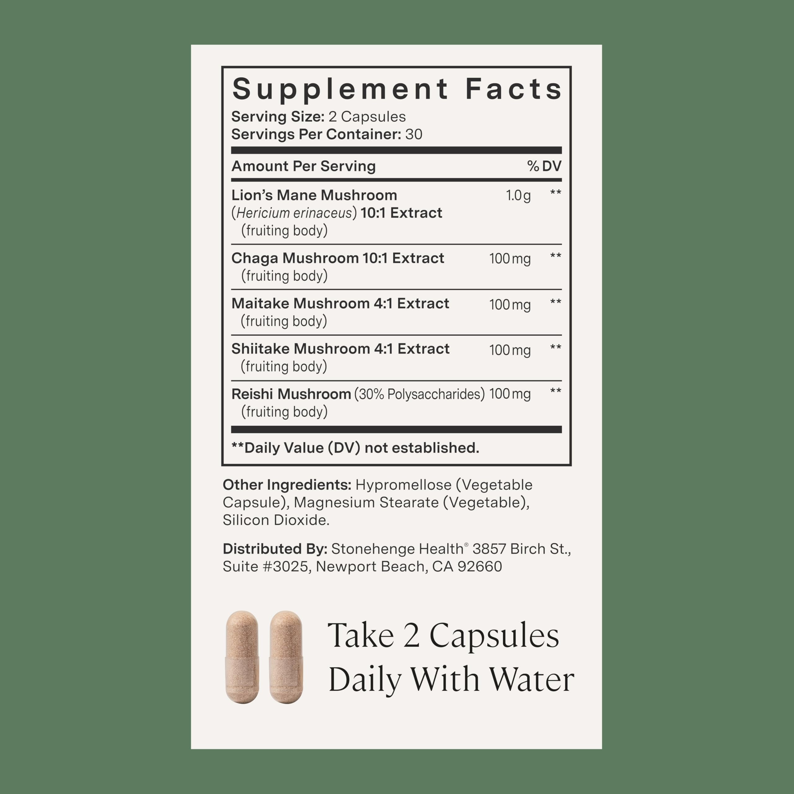 Stonehenge Dynamic Health Mushrooms 1,400 mg – 5 Mushroom Complex (Lion’s Mane, Reishi, Chaga, Maitake, Shiitake) – 60 Capsules