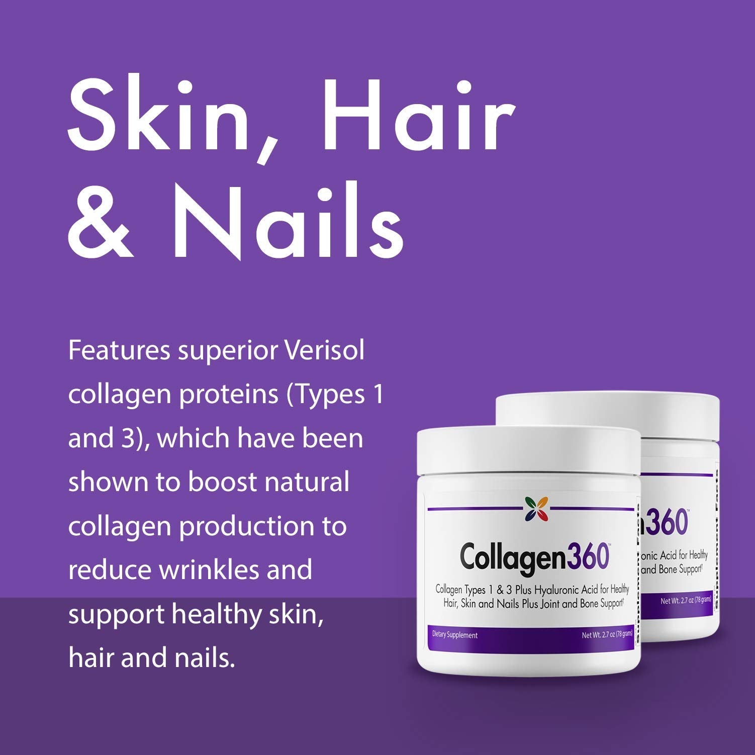Stop Aging Now Collagen360 with Hyaluronic Acid – Collagen Peptides Powder for Hair, Nails & Skin (2.7 oz)