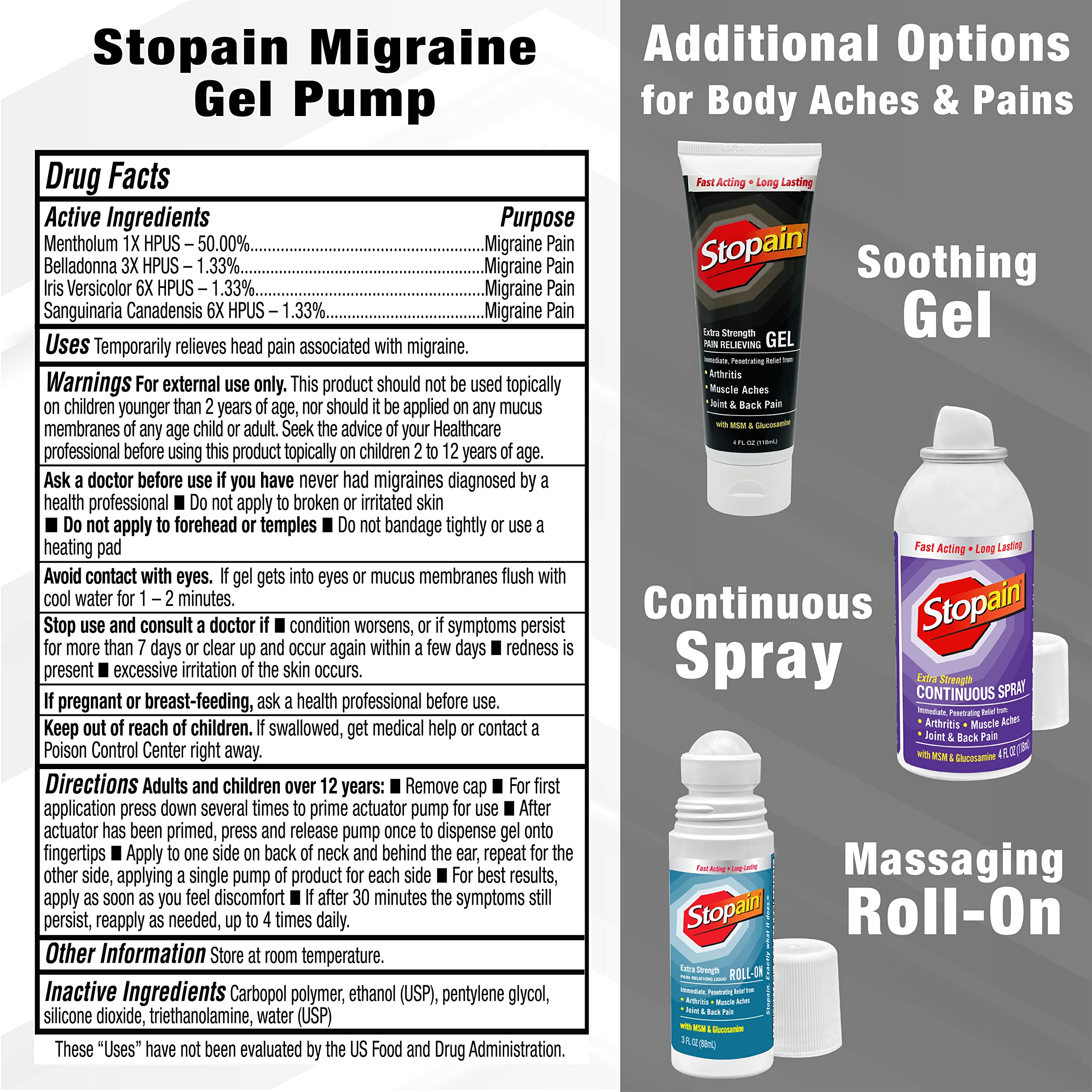 Stopain Migraine Pain Relief Gel Pump – 2 Pack, USA Made, Fast-Acting Topical Relief